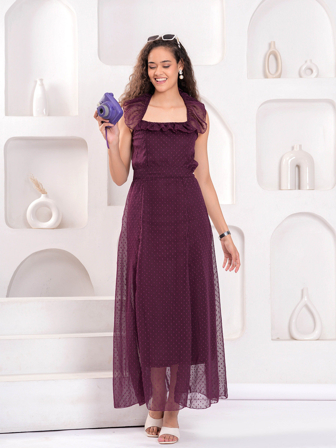 HIGHLIGHT FASHION EXPORT Women Choker Neck Cold-Shoulder Georgette Fit & Flare Maxi Dress