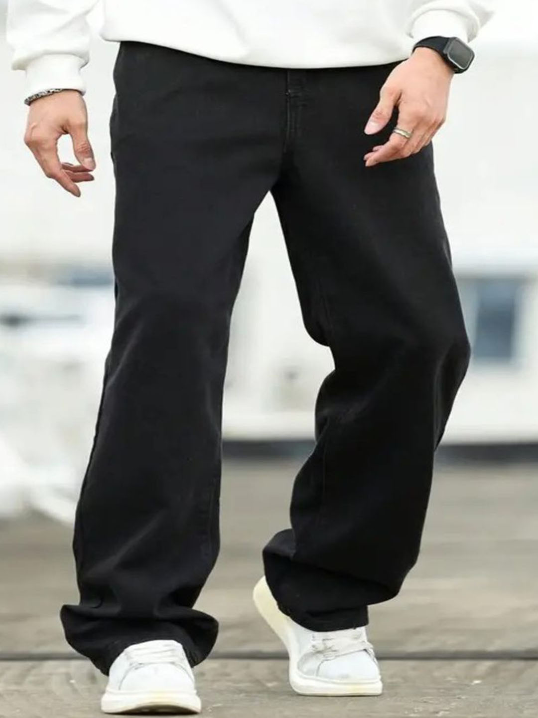 Playfeel Men Jean Baggy Fit Mid-Rise Clean Look Stretchable Denim Jeans