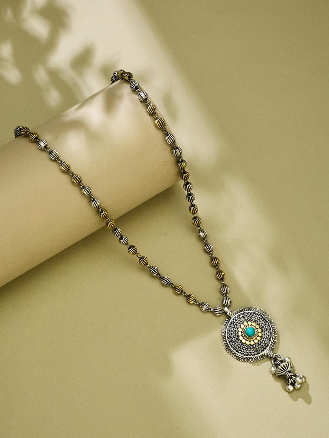 Fabindia Silver Artificial Stones Studded And Beaded Long Necklace