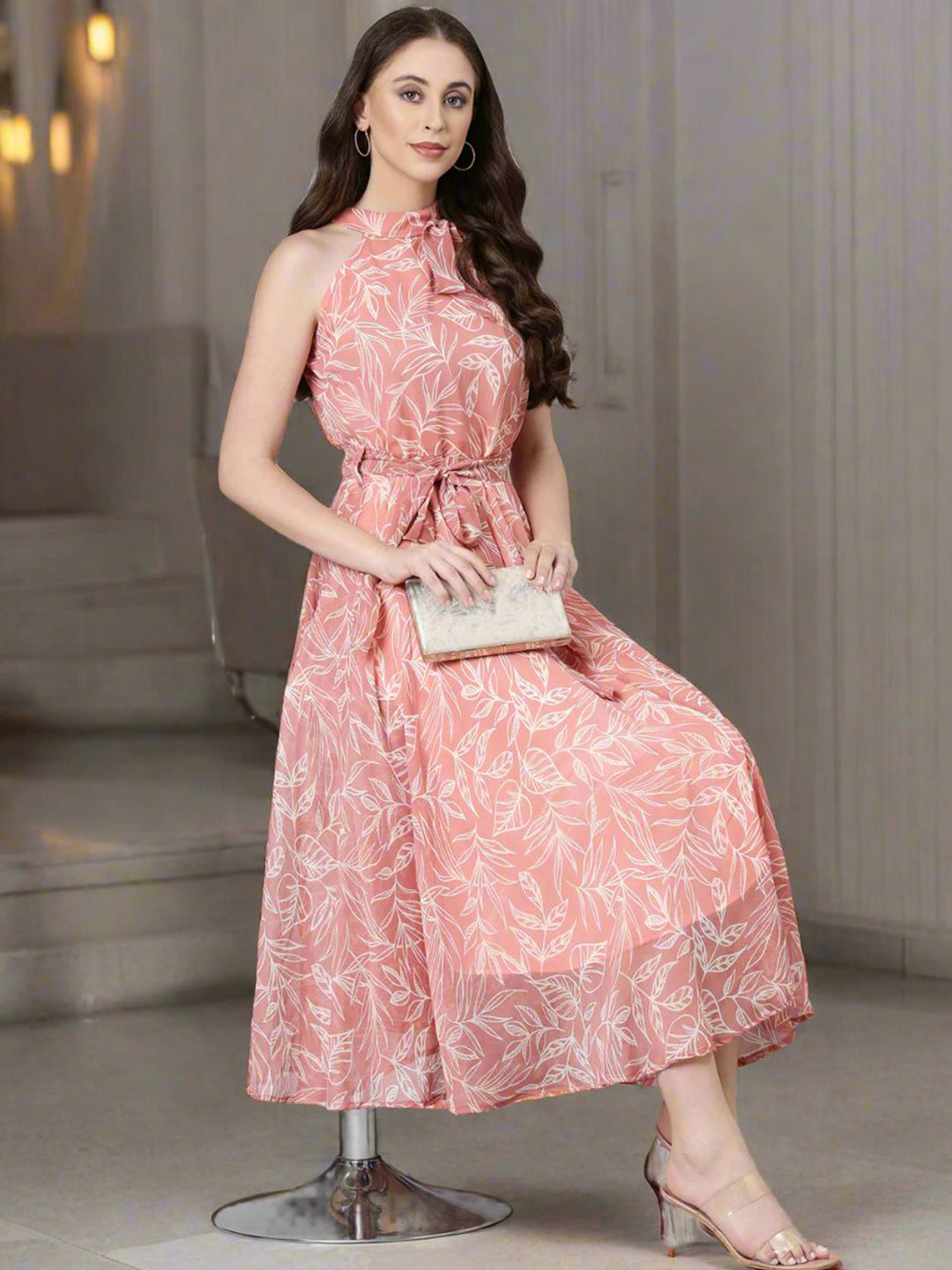 Souchii Boho Breeze Women Floral Printed Tie-Ups Chiffon Fit & Flare Maxi Dress