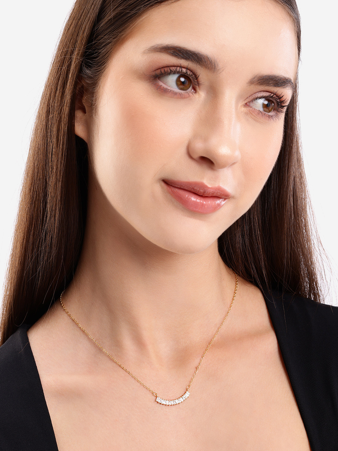 DressBerry Gold Plated CZ studded curved bar necklace