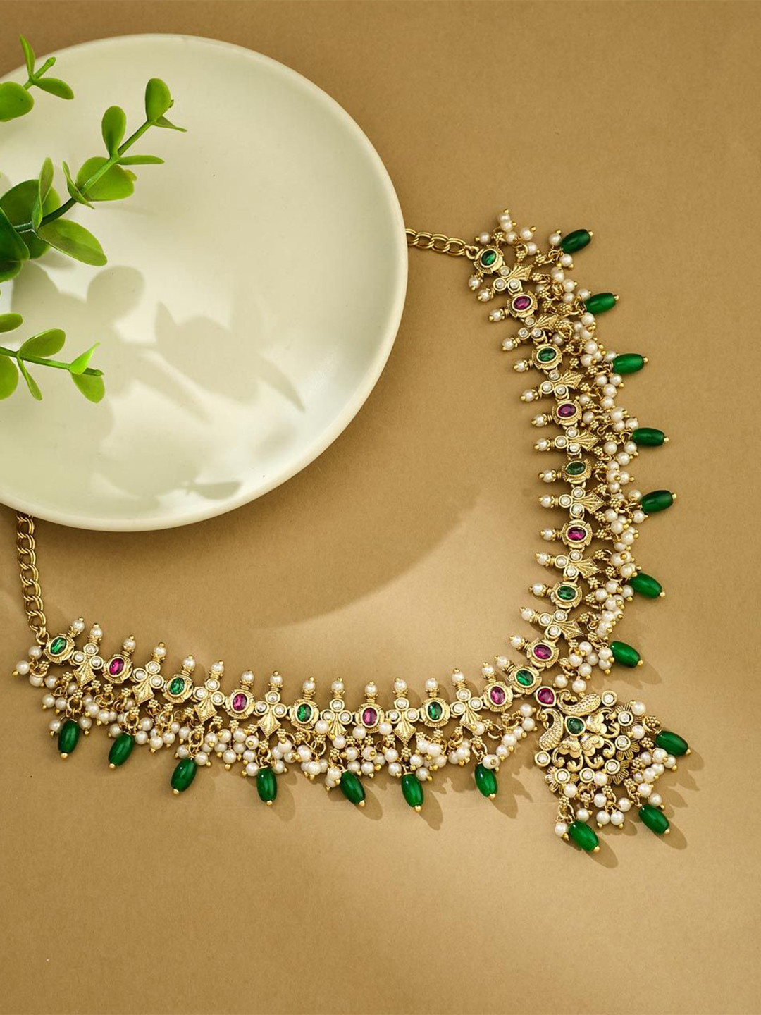 Fabindia Artificial Stones Studded & Beaded Statement Short Necklace