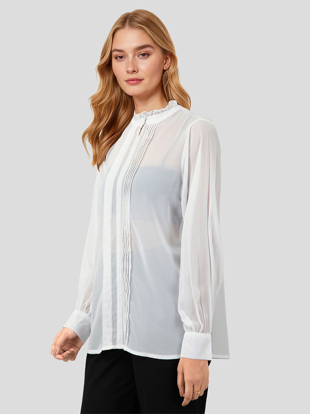 Mast & Harbour Band Collar Ruffles Shirt Style Top