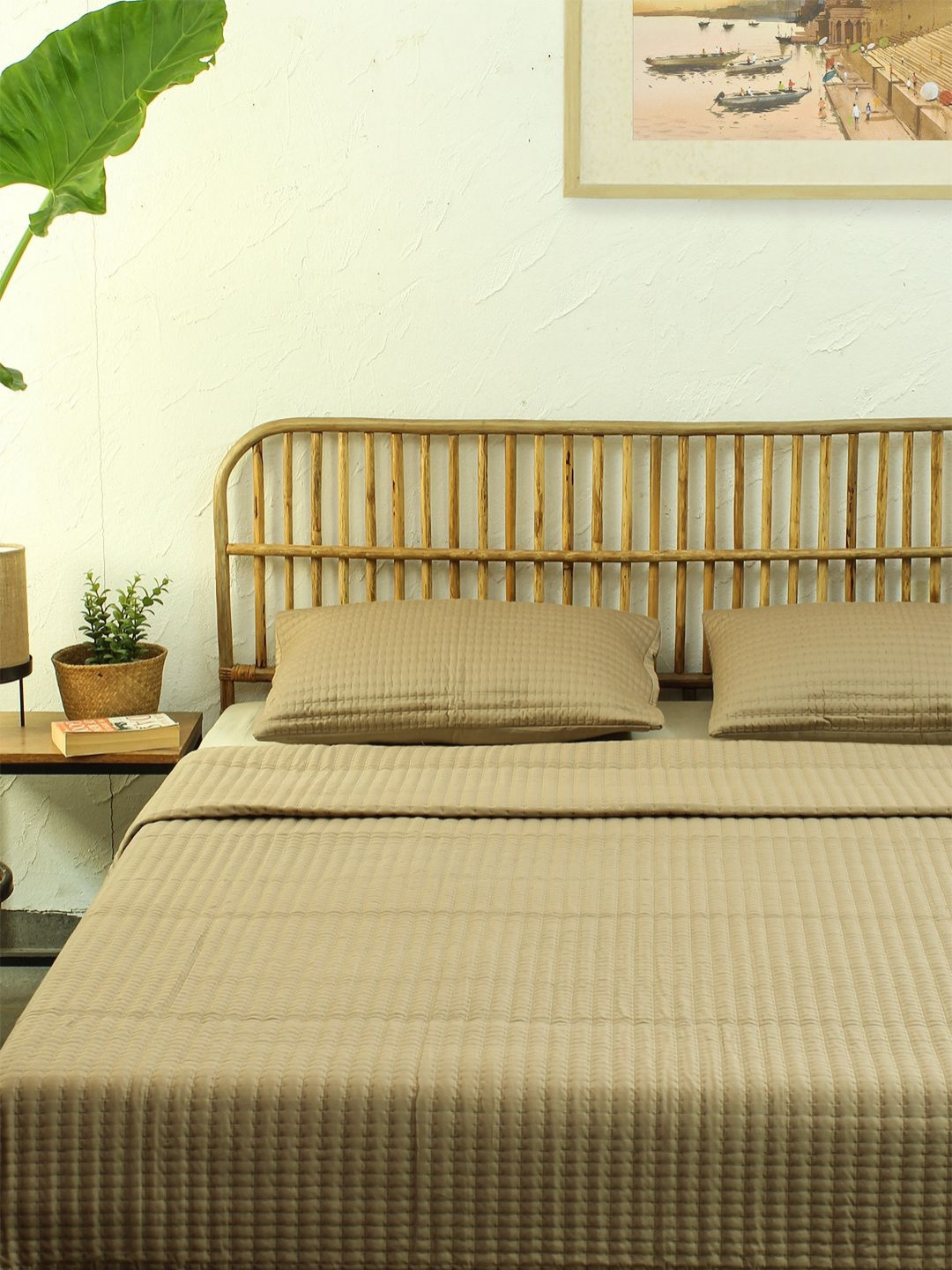 House This Periyar Beige Cotton Double Queen Bed Cover With 2 Pillow Covers