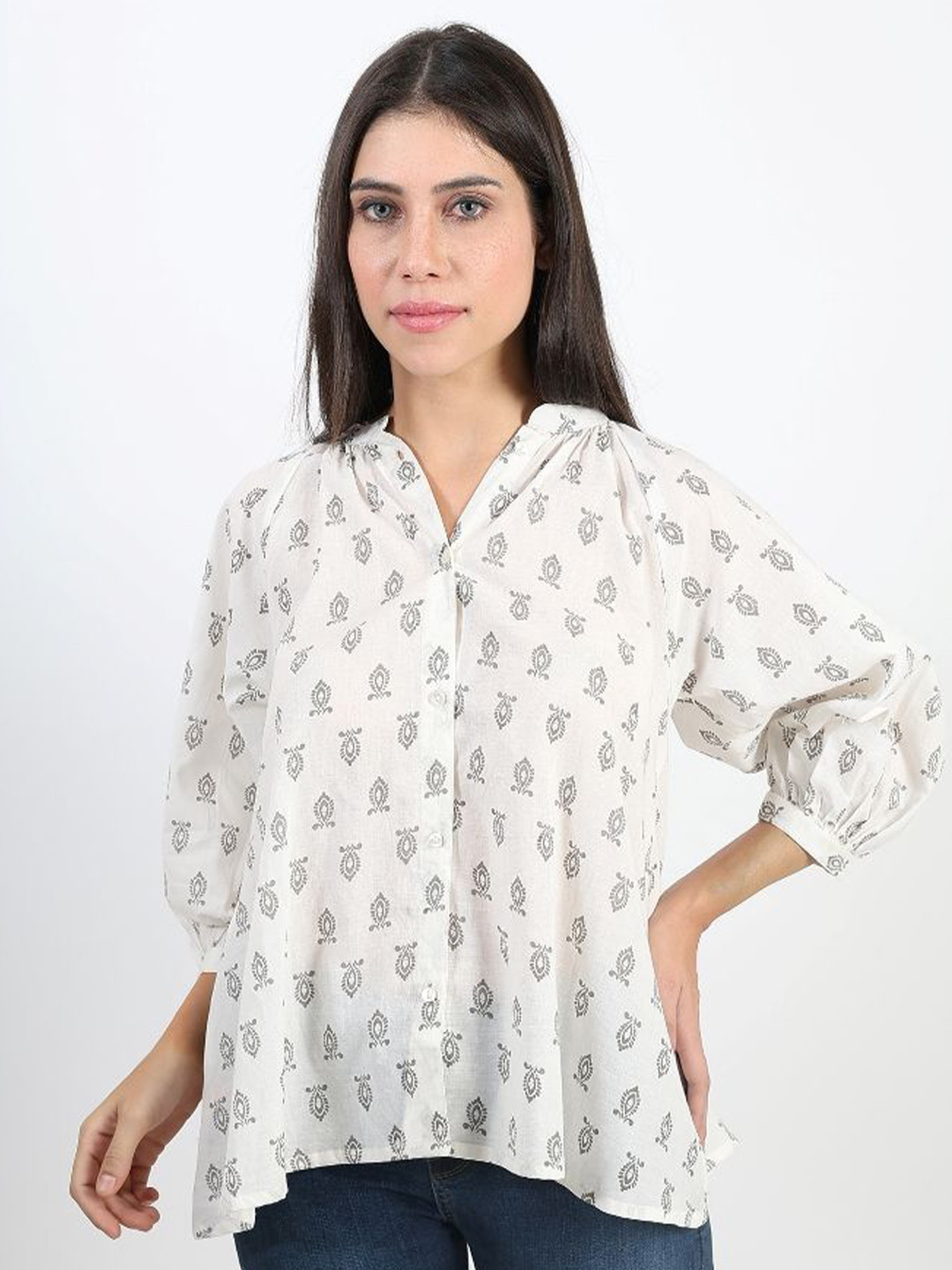 Art Avenue Women Ethnic Print Mandarin Collar Puff Sleeves Cotton Top