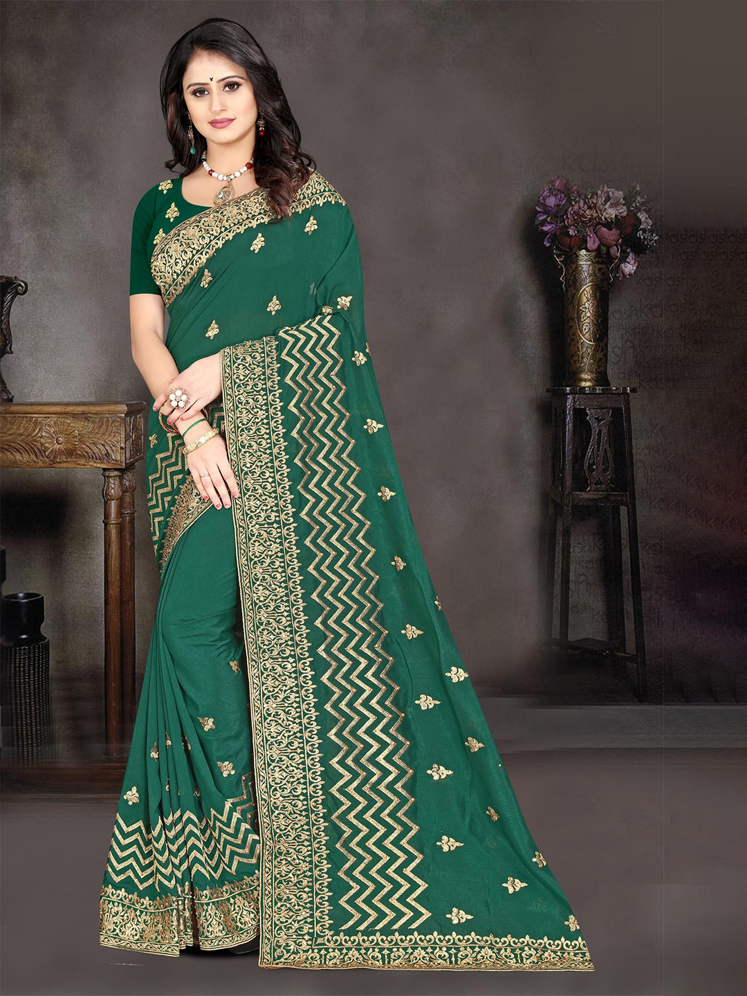 F FASHION Ethnic Motif Embroidered Beads and Stones Saree