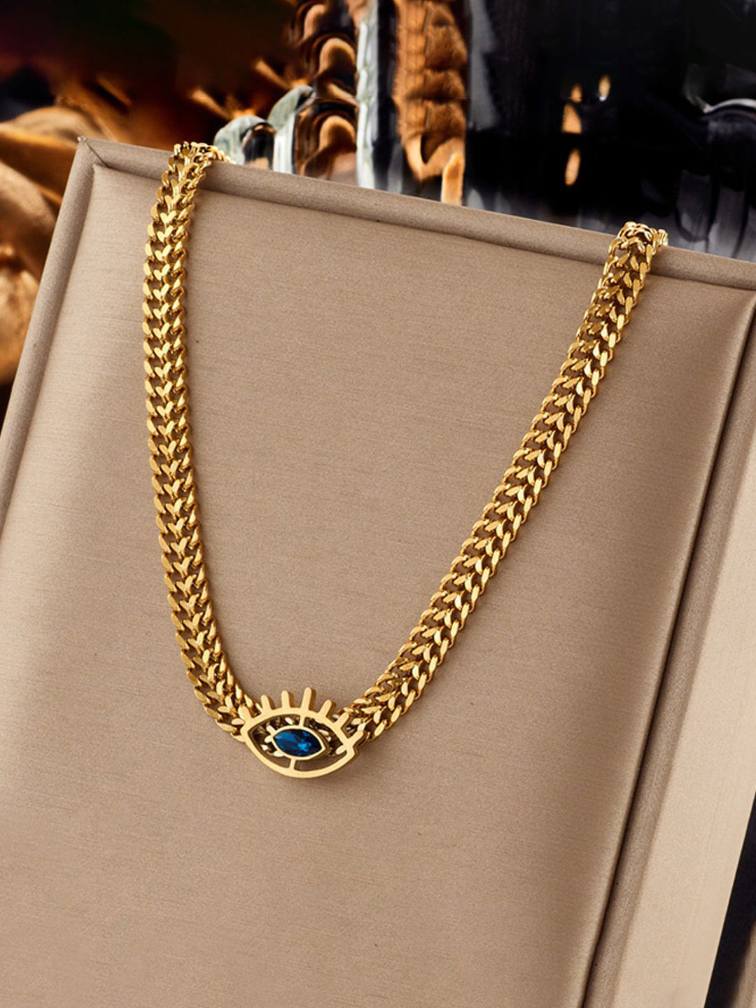 Designs & You Stainless Steel Gold-Plated Cubic Zirconia Studded Statement Necklace