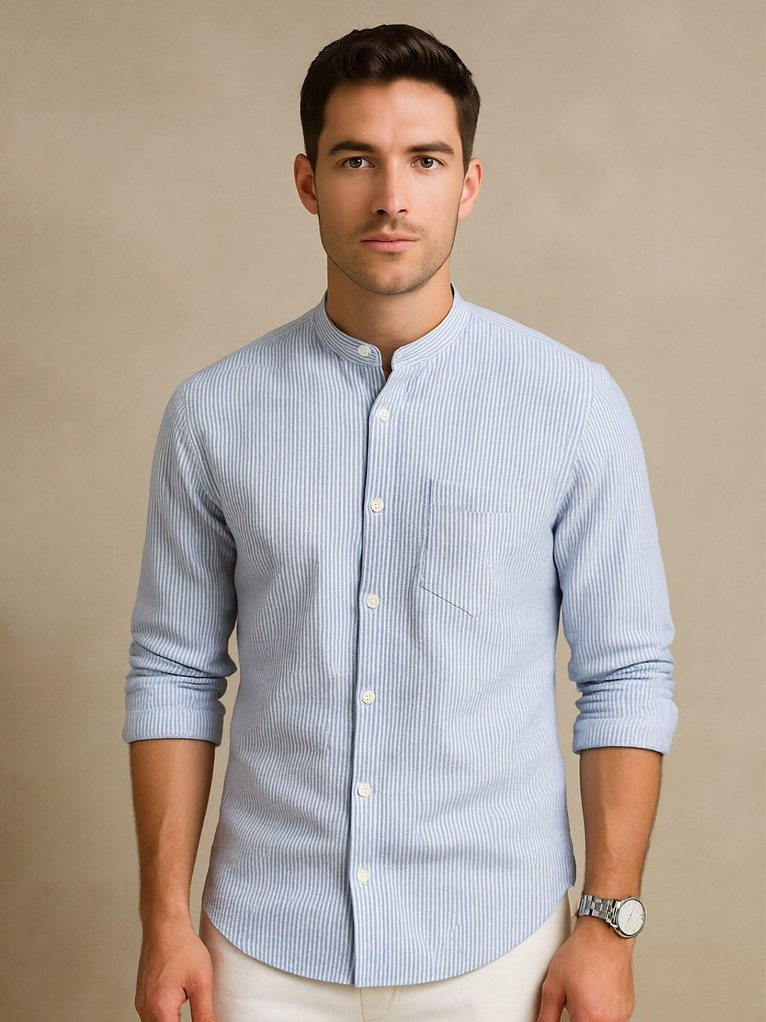 The Roadster Lifestyle Co Striped Mandarin Collar Pure Cotton Seersucker Casual Shirt
