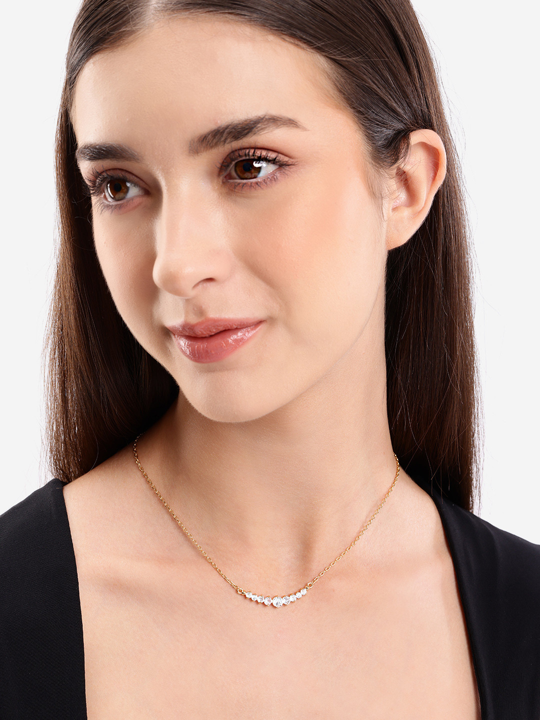 DressBerry Gold Plated CZ studded curved bar necklace