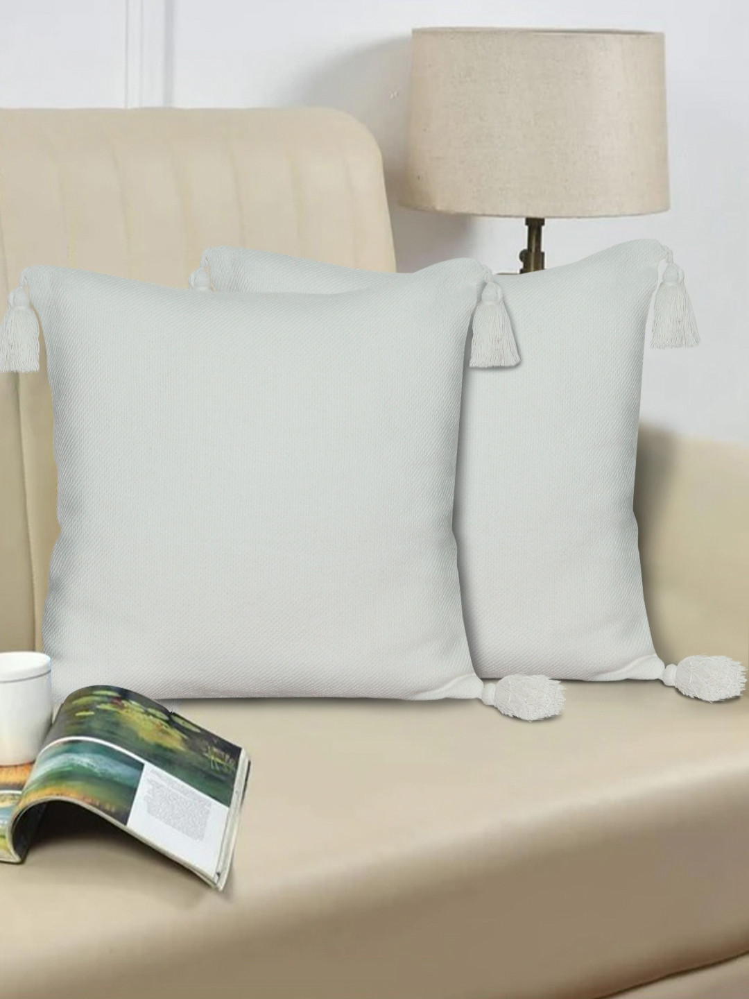 HOME COLORS.IN Off White 2 Pieces Square Cushion Covers