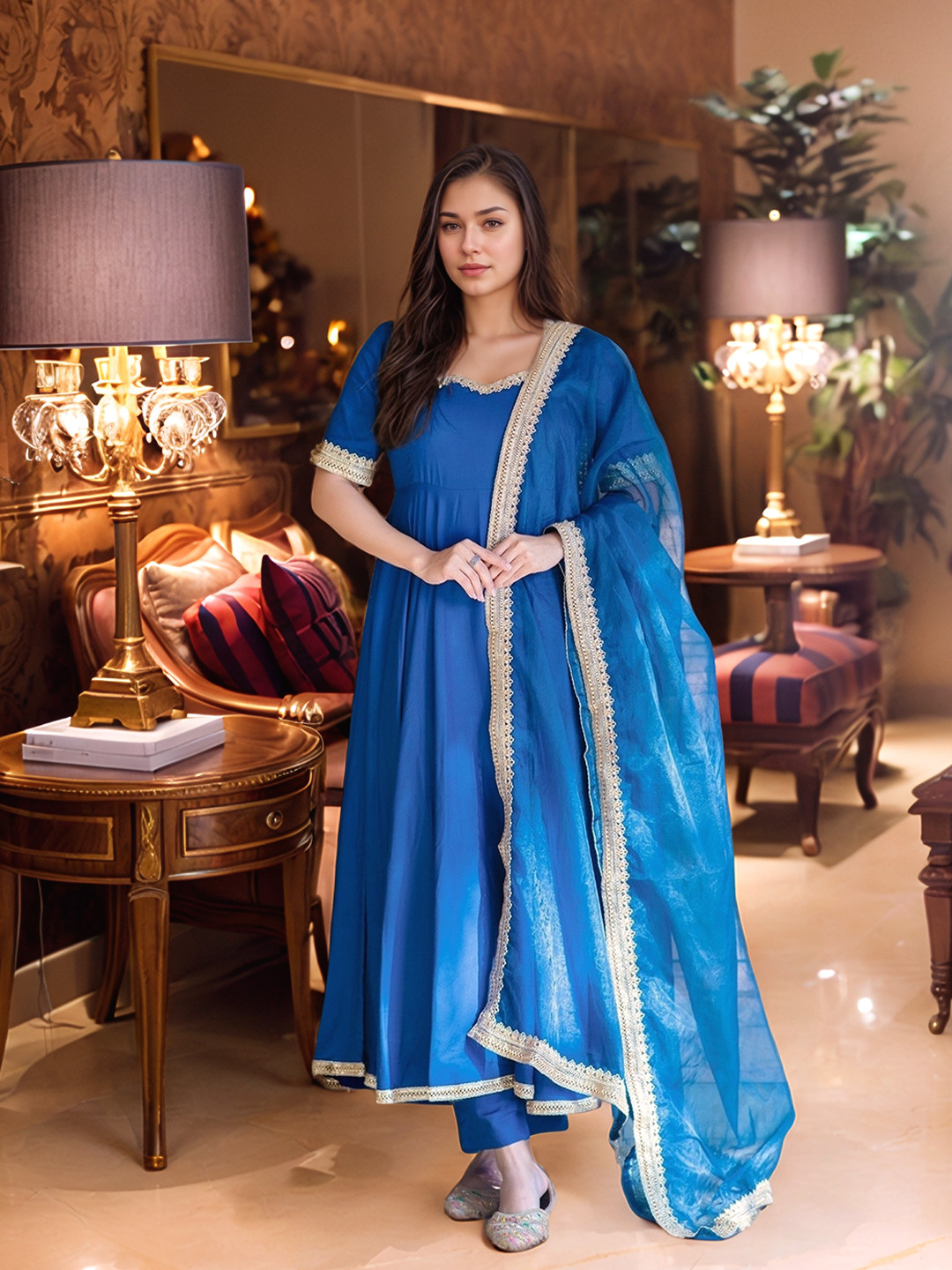 Aaghnya V-Neck Short Sleeves Anarkali Kurta With Trousers & Dupatta