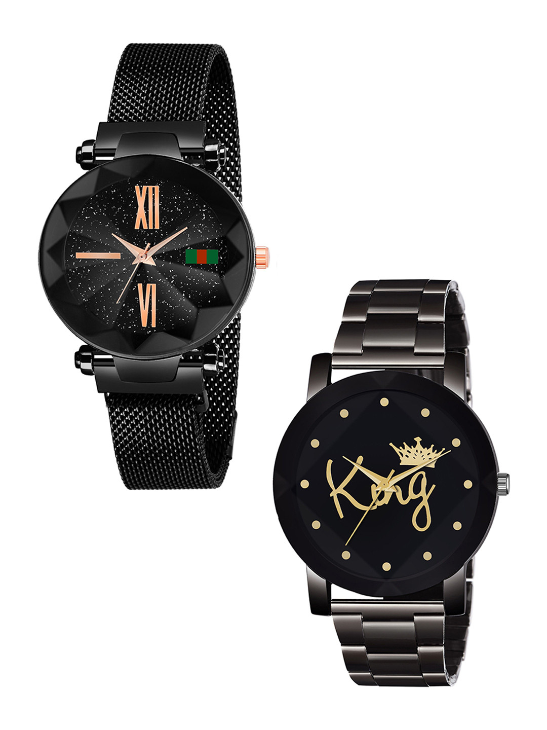 CSAMON Unisex Pack of 2 Analogue Watch GR_379_Black_Roman_Prizam_King