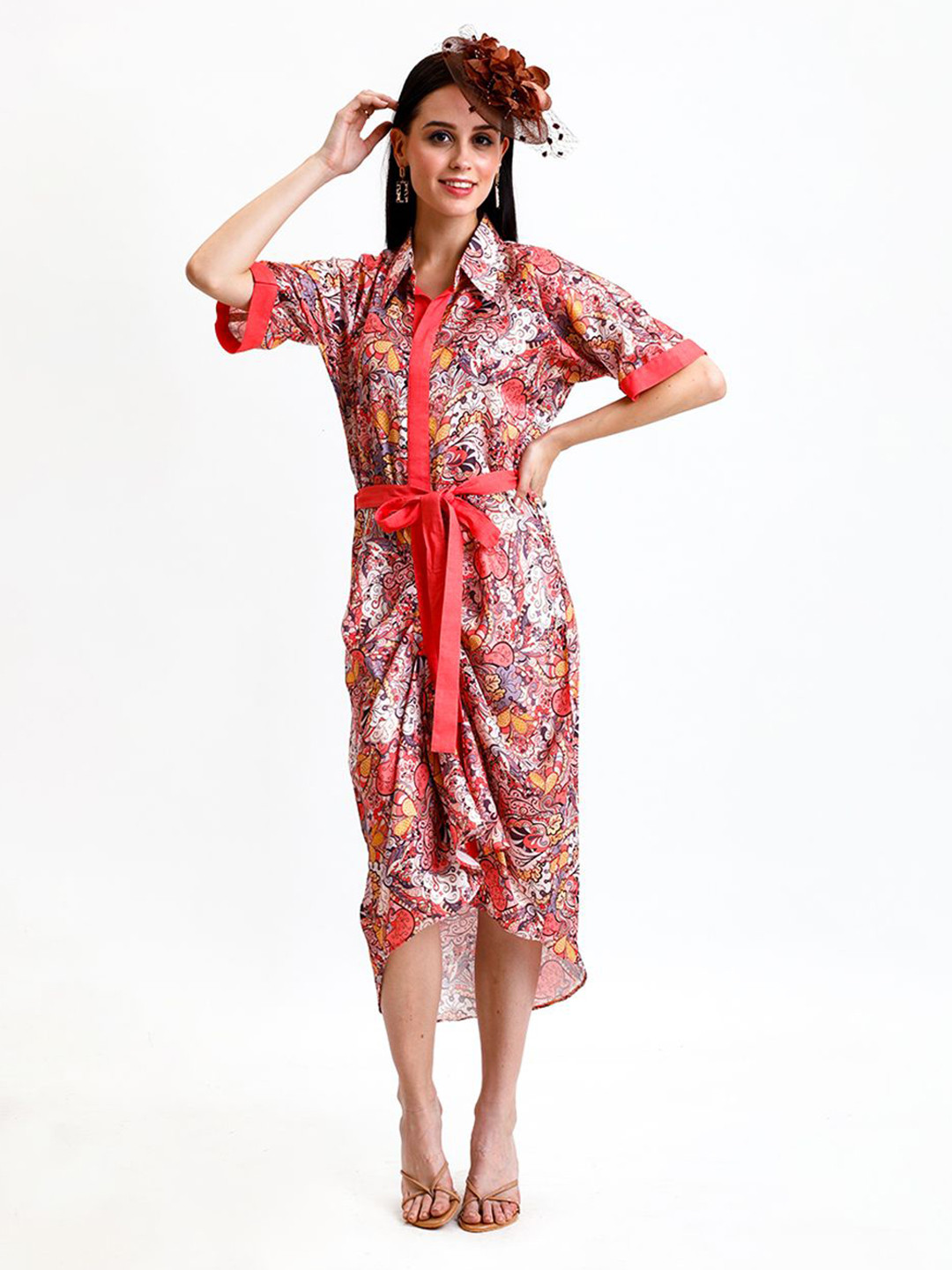 Golden Mirror Women Shirt Collar Abstract Print Satin Fit and Flare Dress