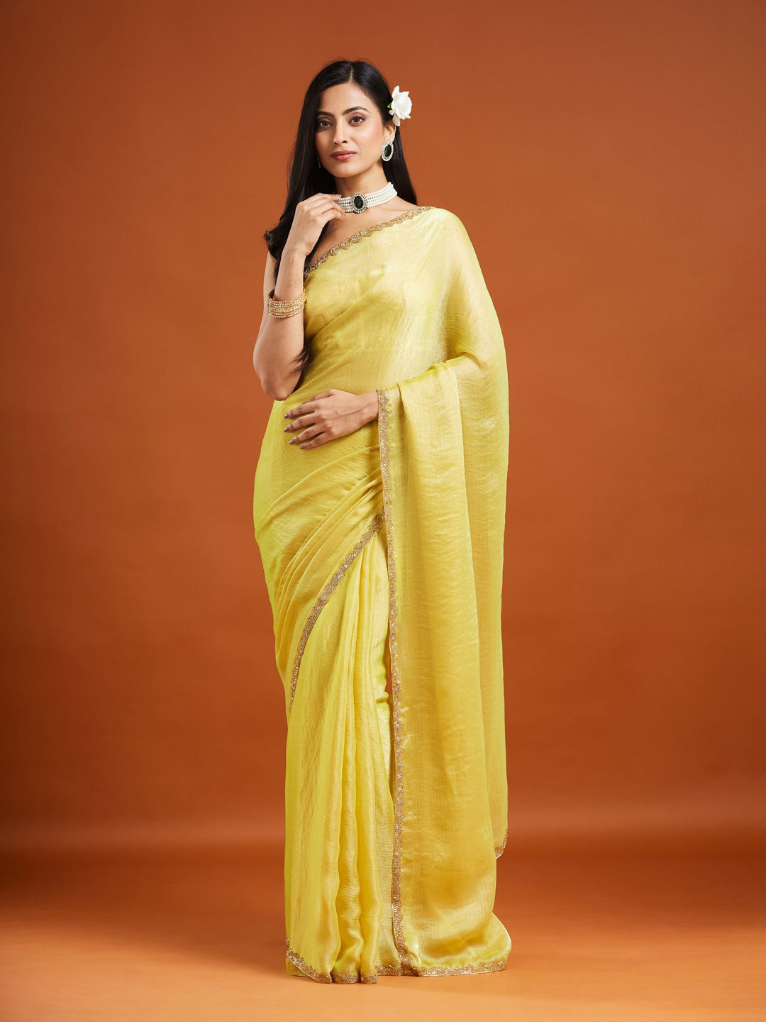 LOROFY Embellished Beads and Stones Tussar Saree
