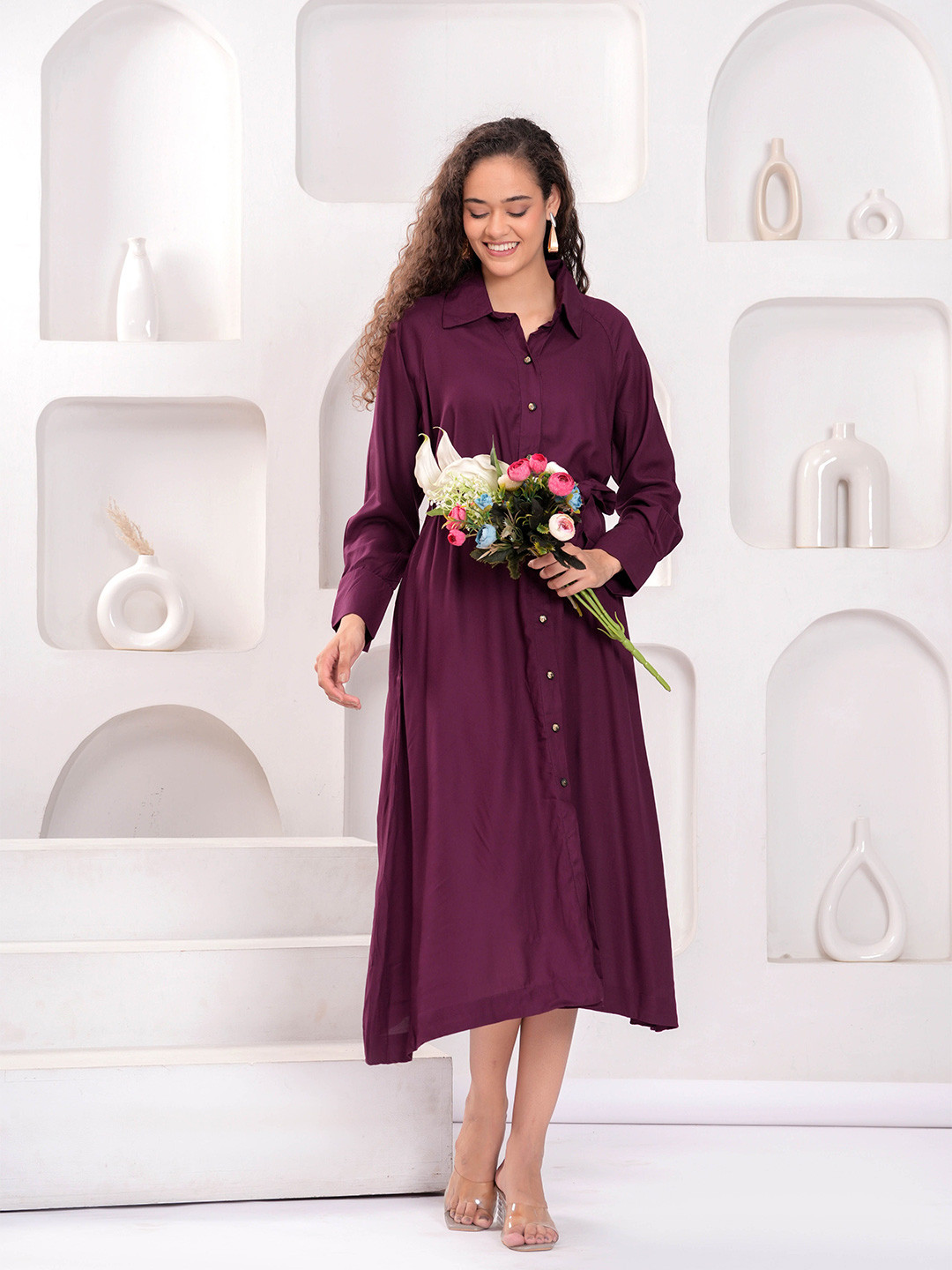 HIGHLIGHT FASHION EXPORT Shirt Collar Cuffed Sleeves Shirt Midi Dress With Tie-Ups Details