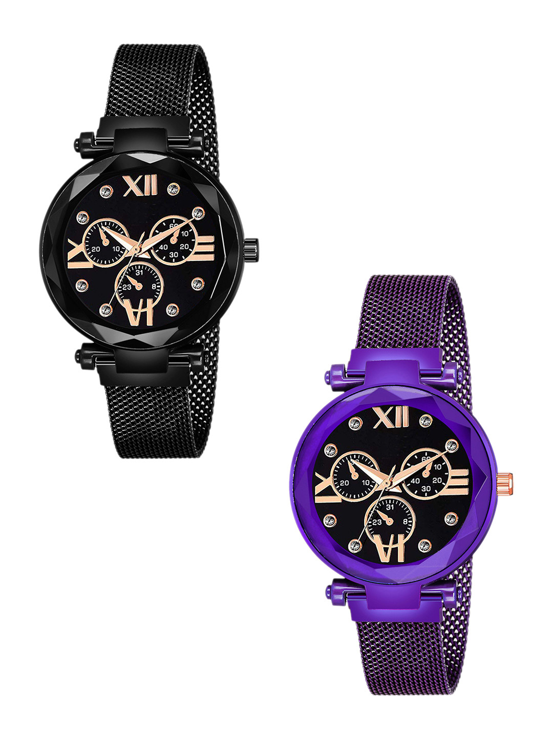 CSAMON Women Pack of 2 Round Dial Analogue Watches Mina black Dial Black Purple maganet