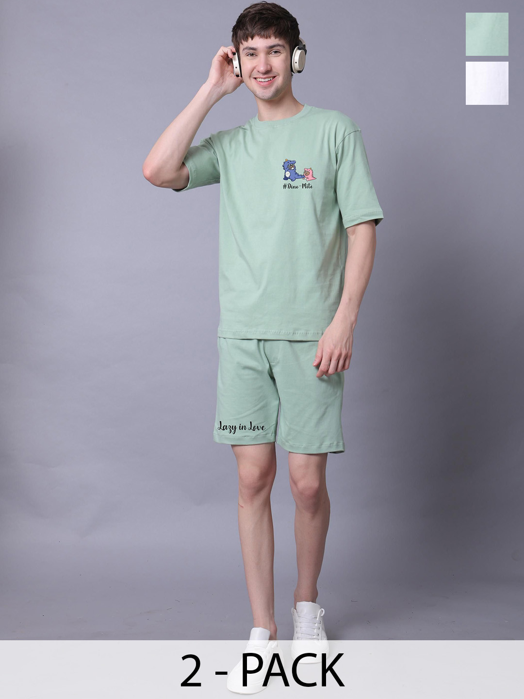 Lazy Lush Pack Of 2  Dino Tom  Printed Pure Cotton T-Shirt & Joggers Co-Ord Set