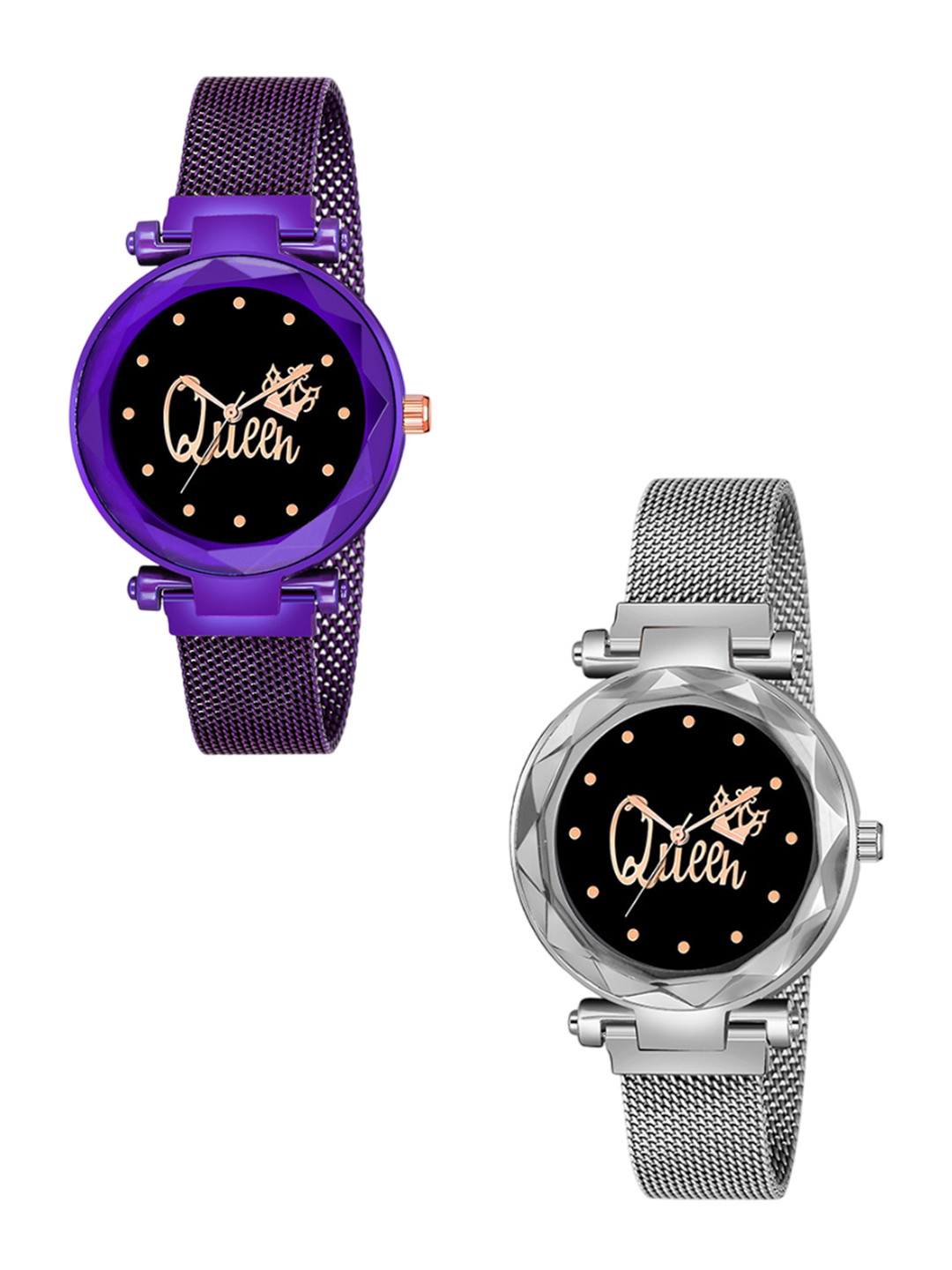 CSAMON Women Pack of 2 Round Dial Analogue Watches Queen Purple Silver Maganet