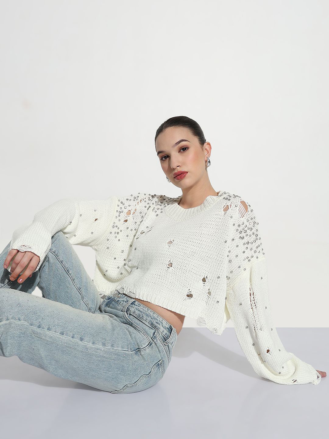 SHOWOFF Embellished Ripped Crop Top