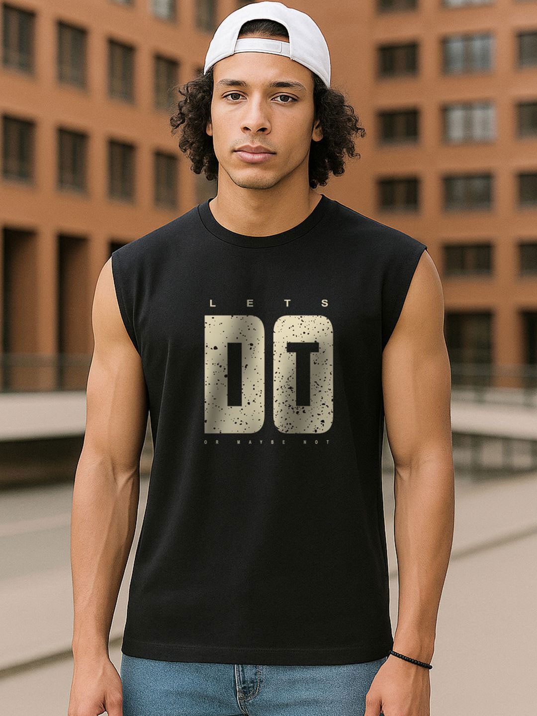 Bewakoof Men's Jet Black Just Do It Typography Oversized Vest