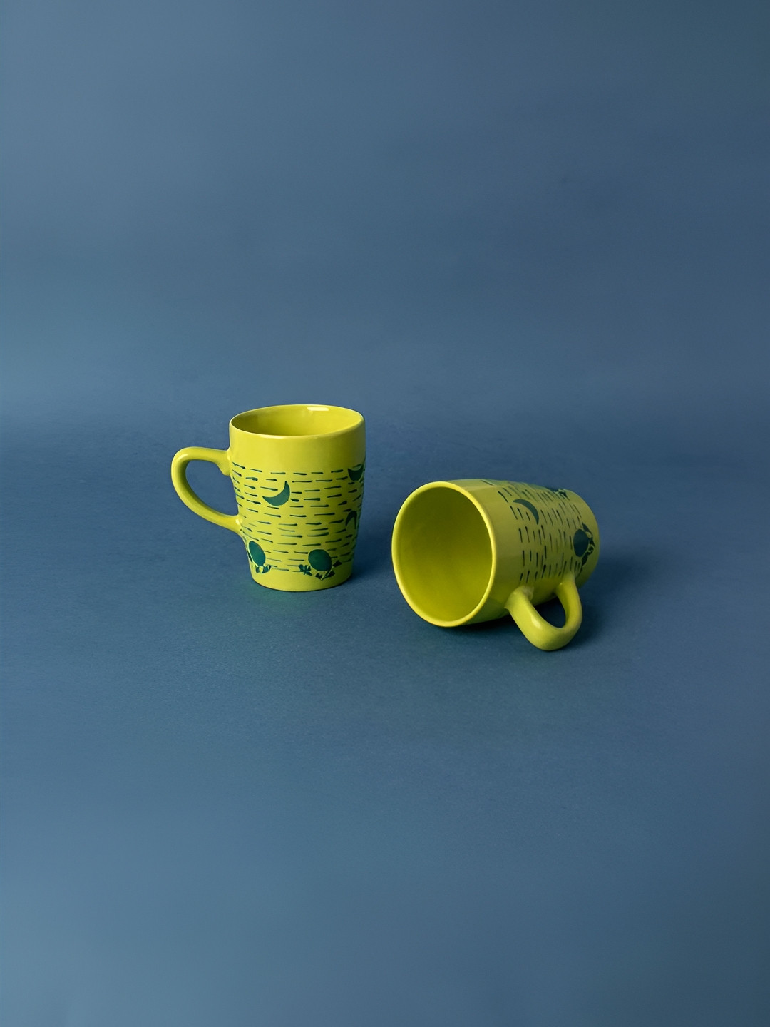 FREEDOM TREE Green & Yellow Hand Painted Printed Ceramic Matte Mugs Set of Cups and Mugs