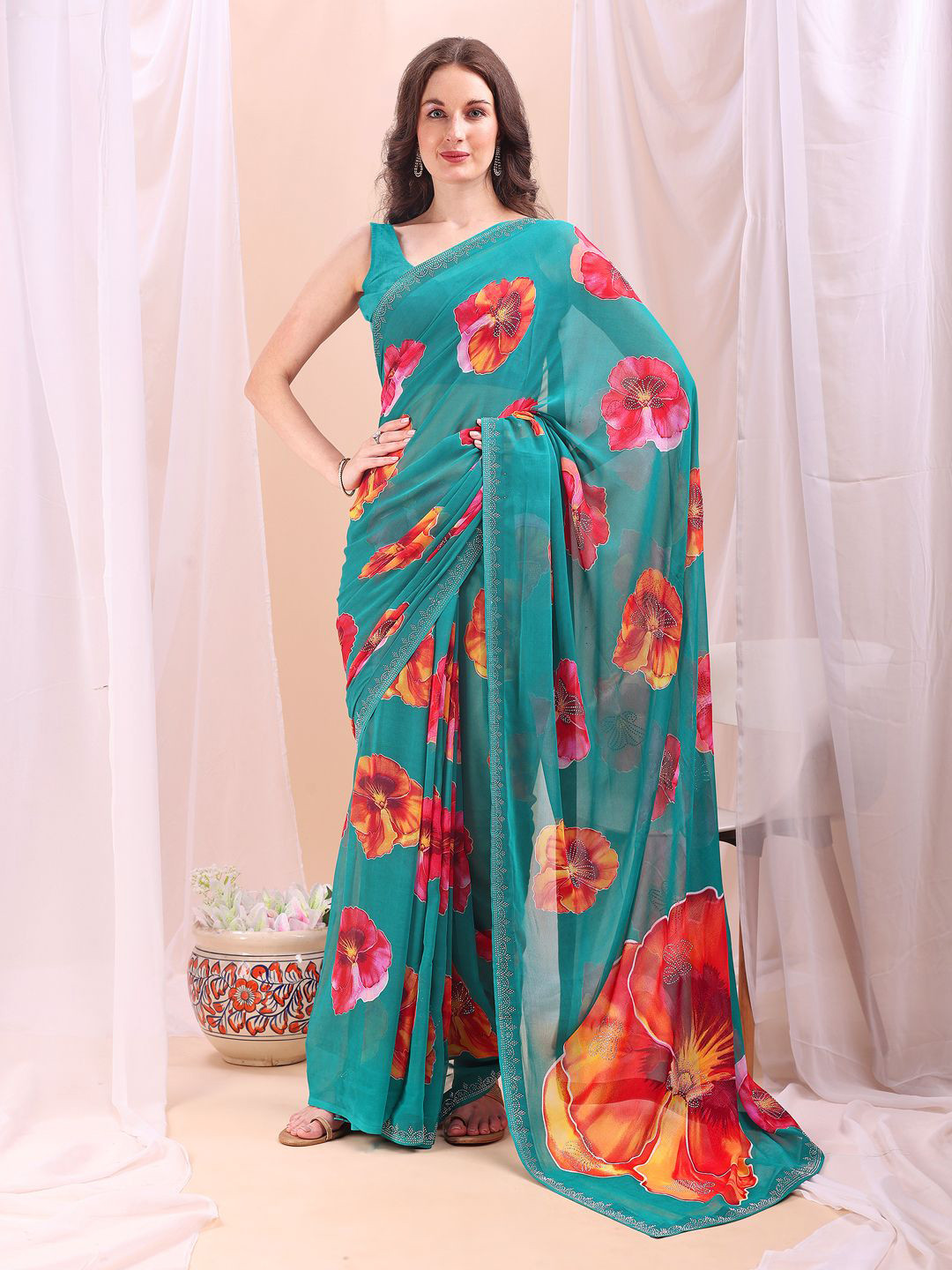 Leelavati Floral Printed Embellished Border Pure Chiffon Saree