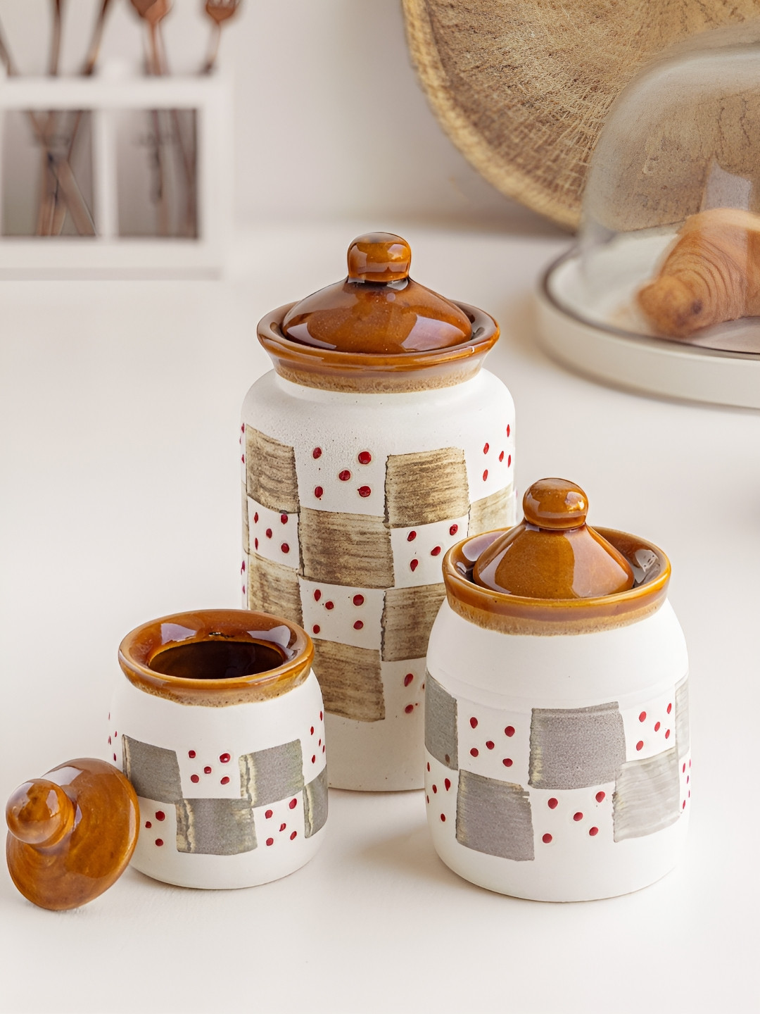 Claymistry White & Brown 3 Pieces Terracotta Jar Containers