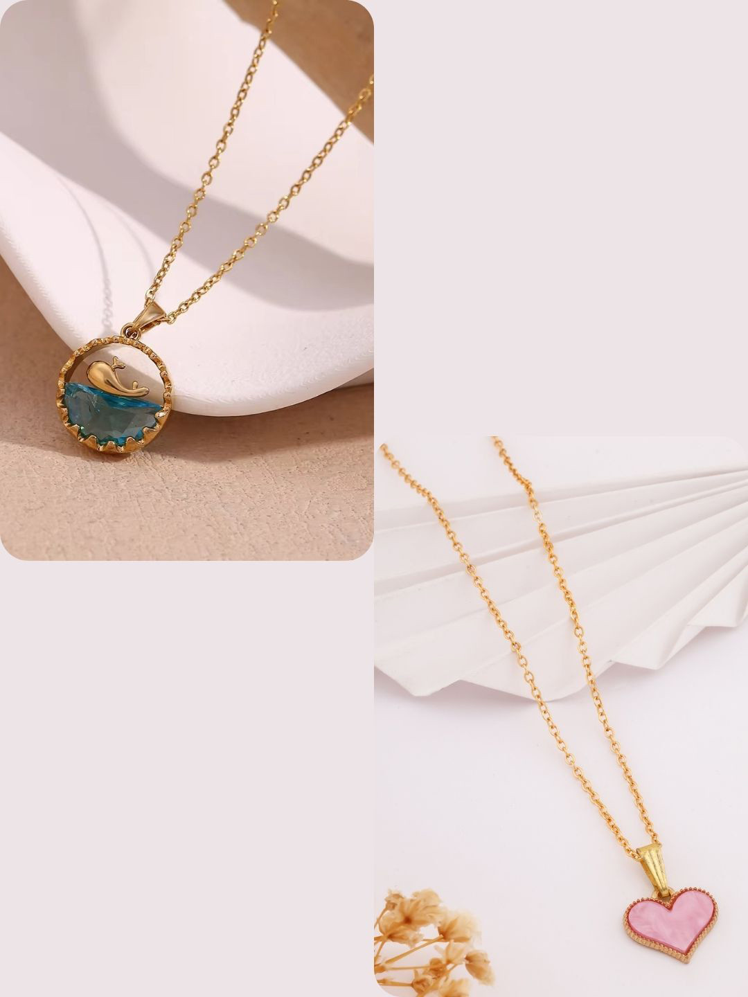 DressBerry Women Set Of 2 Gold-Plated Stainless Steel Dolphin&Heart Pendant with Chain