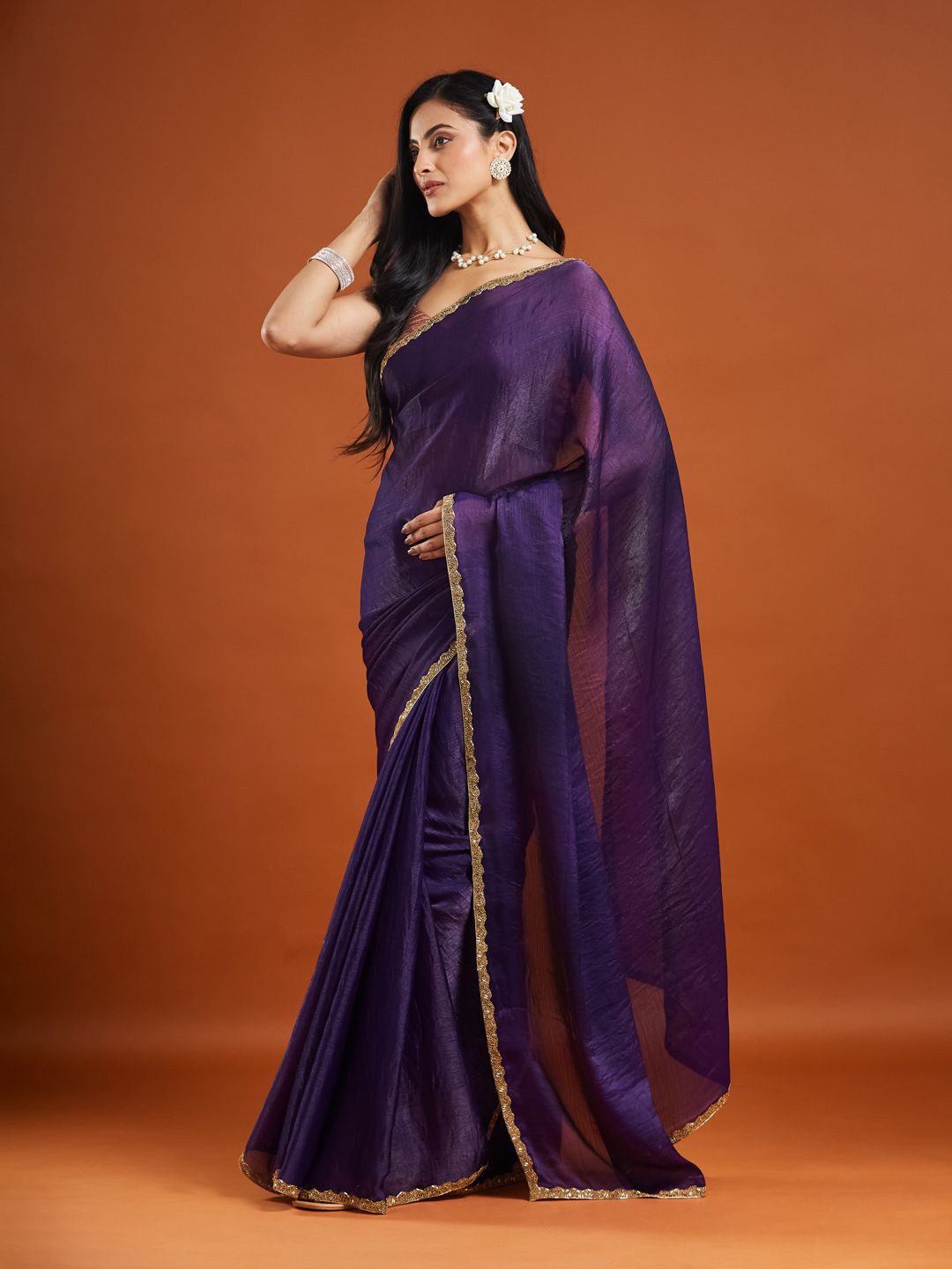 LOROFY Zimmy Choo Pure Chiffon Saree with Beads and Stones Border