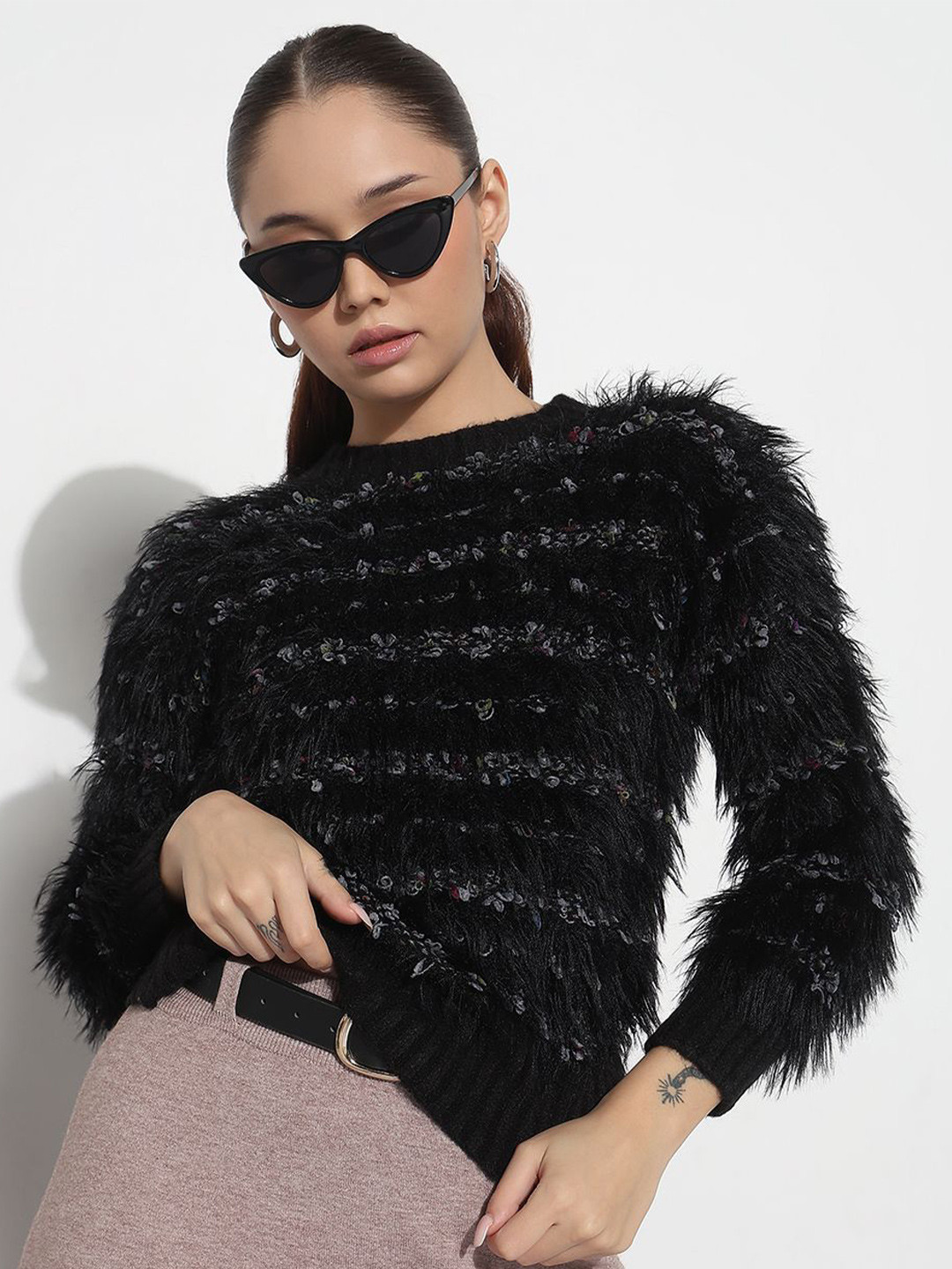 SHOWOFF Women Self Design Faux Fur Trim Regular Top