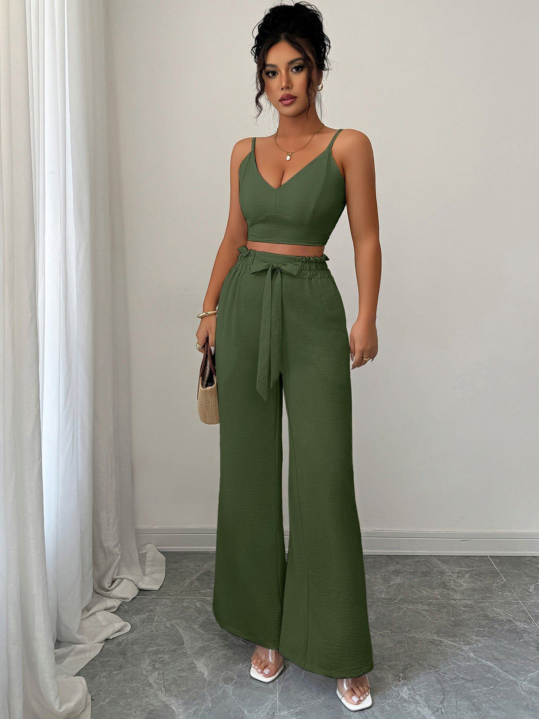 Outzidr V-Neck Cami Top With Trouser Co-Ords