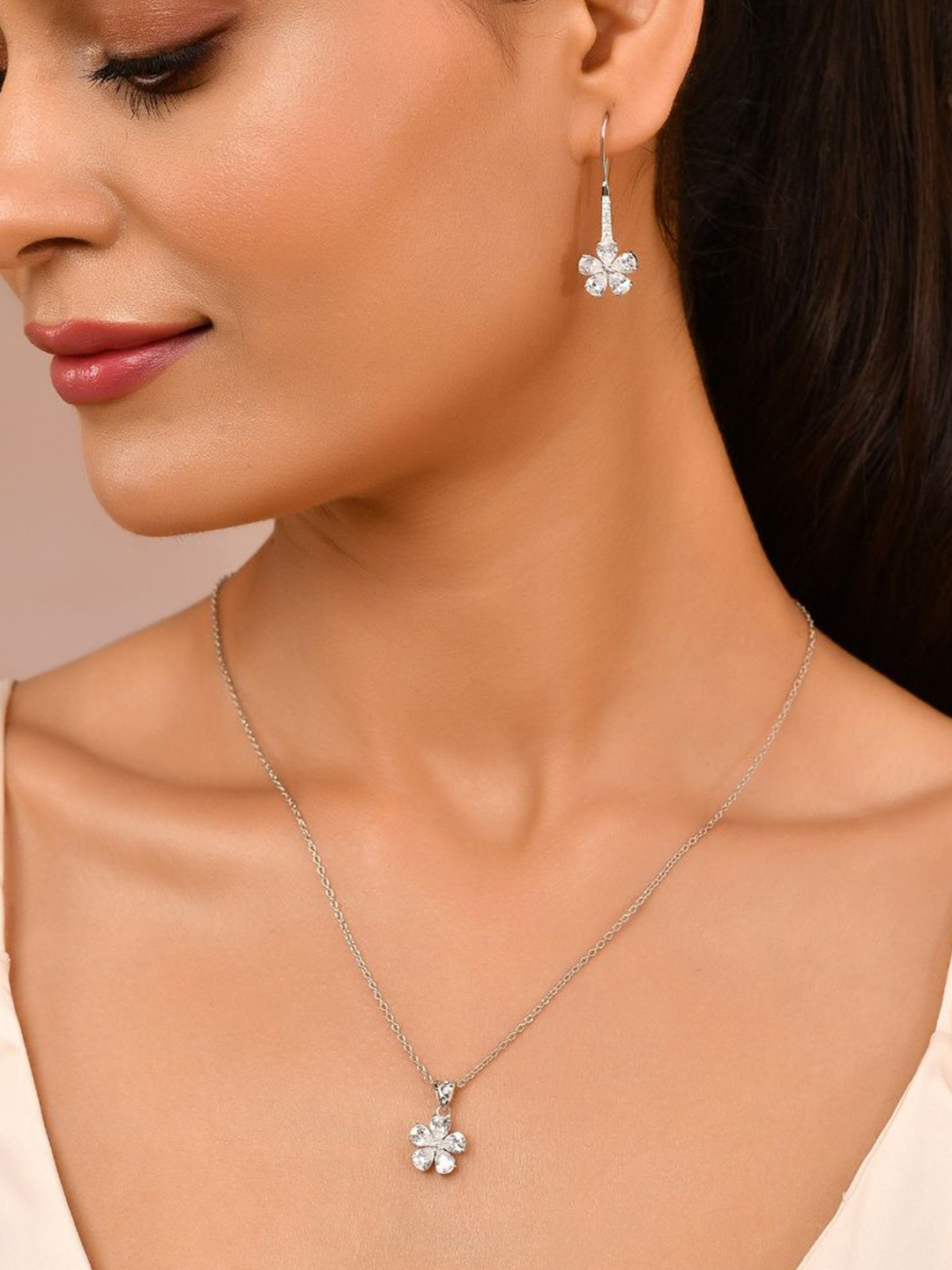 ROOVI Women Petal Danglers in 925 Silver Floral Drop Earrings