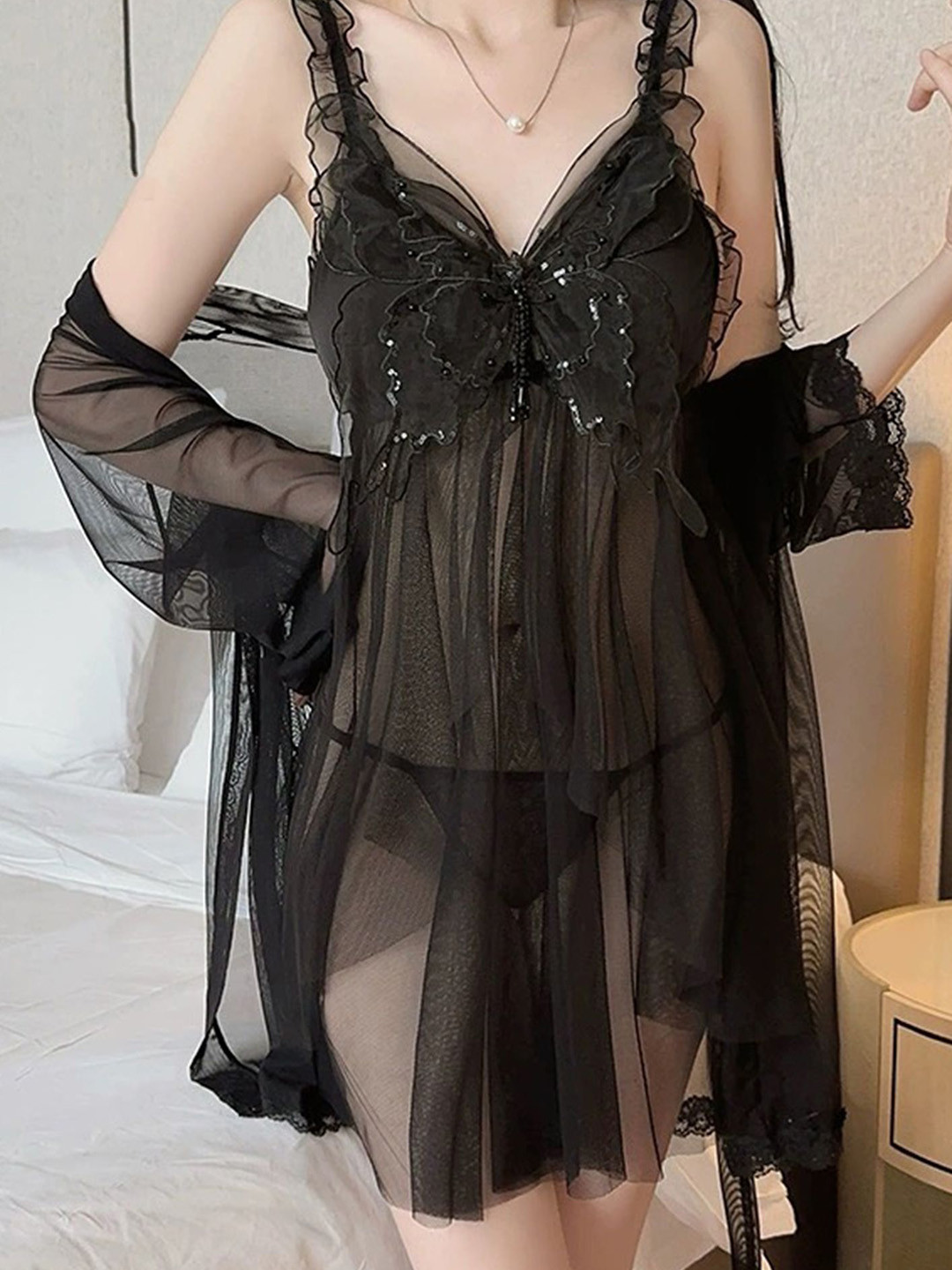 LULU & SKY Women Shoulder Straps Self Design Baby Doll Thong Briefs Nightdress