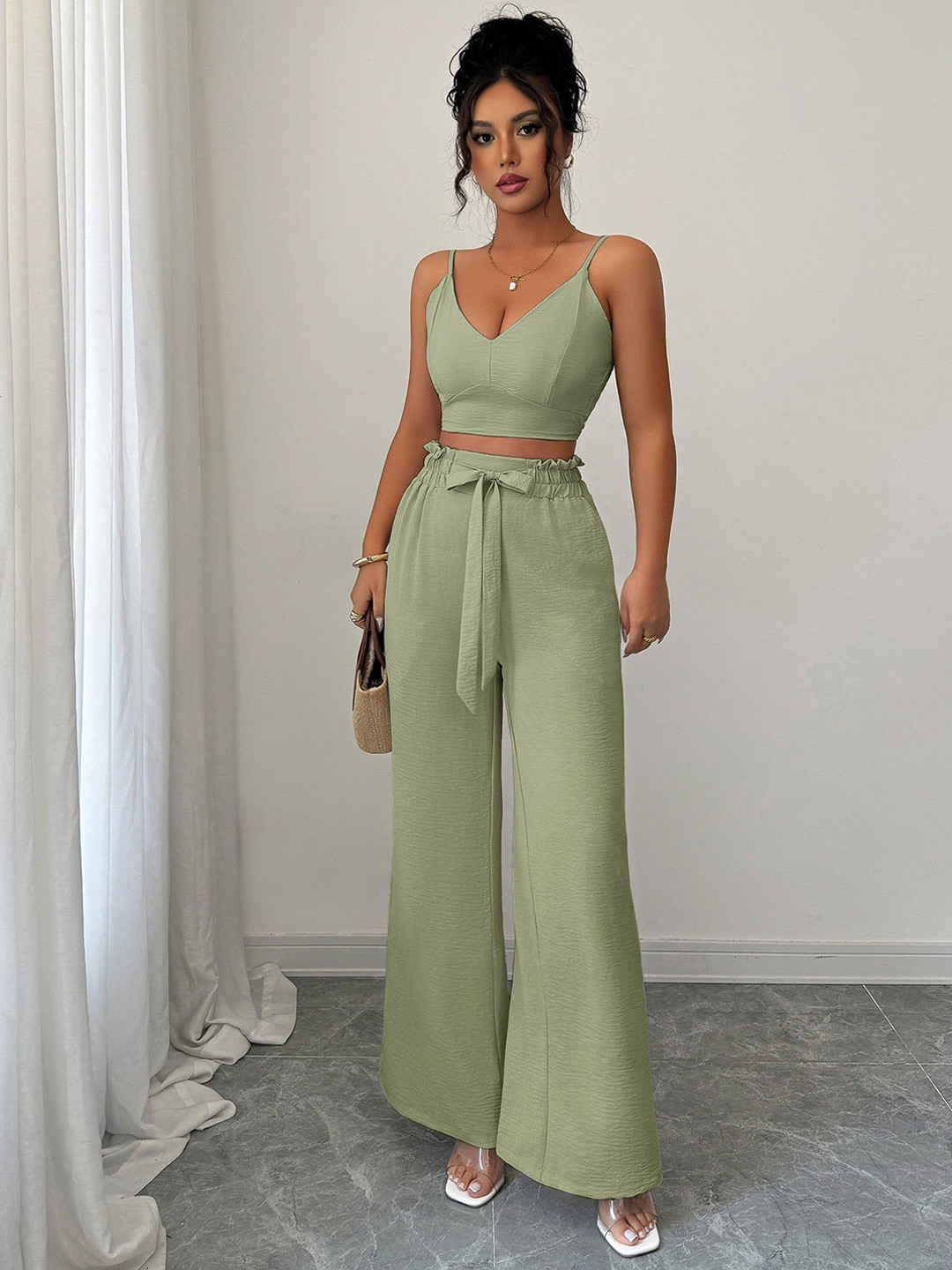 Outzidr V-Neck Cami Top With Trouser Co-Ords