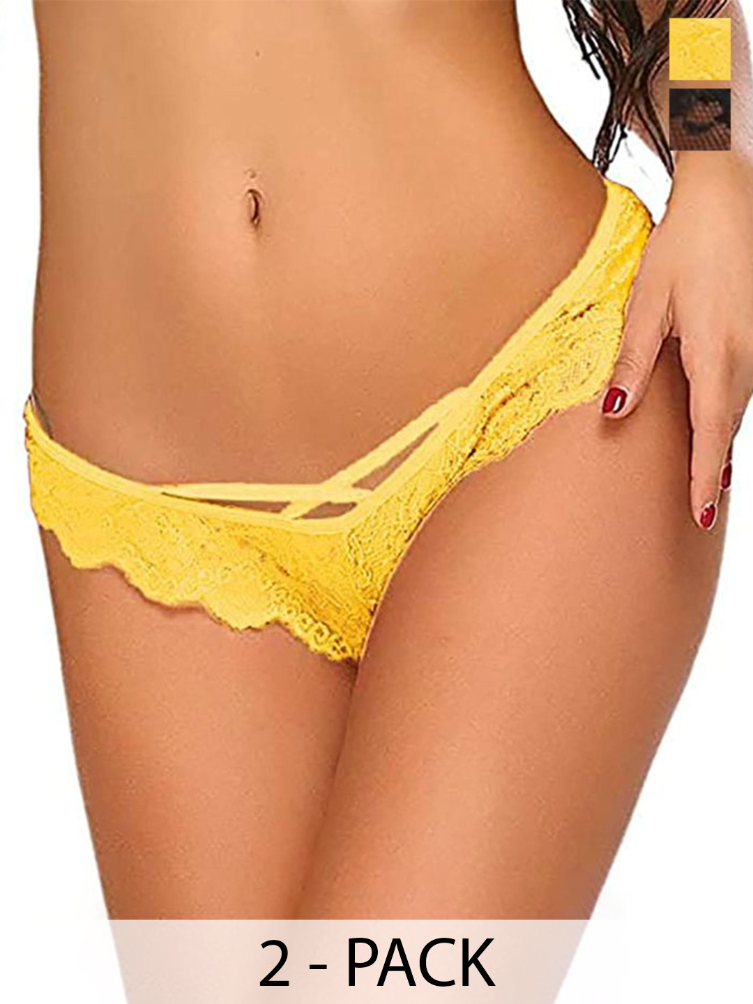 Xs and Os Pack Of 2 Self-Design Lace Thong Briefs CB2_PAN_L-CROSS_X1_BLACK_YELLOW_SMALL