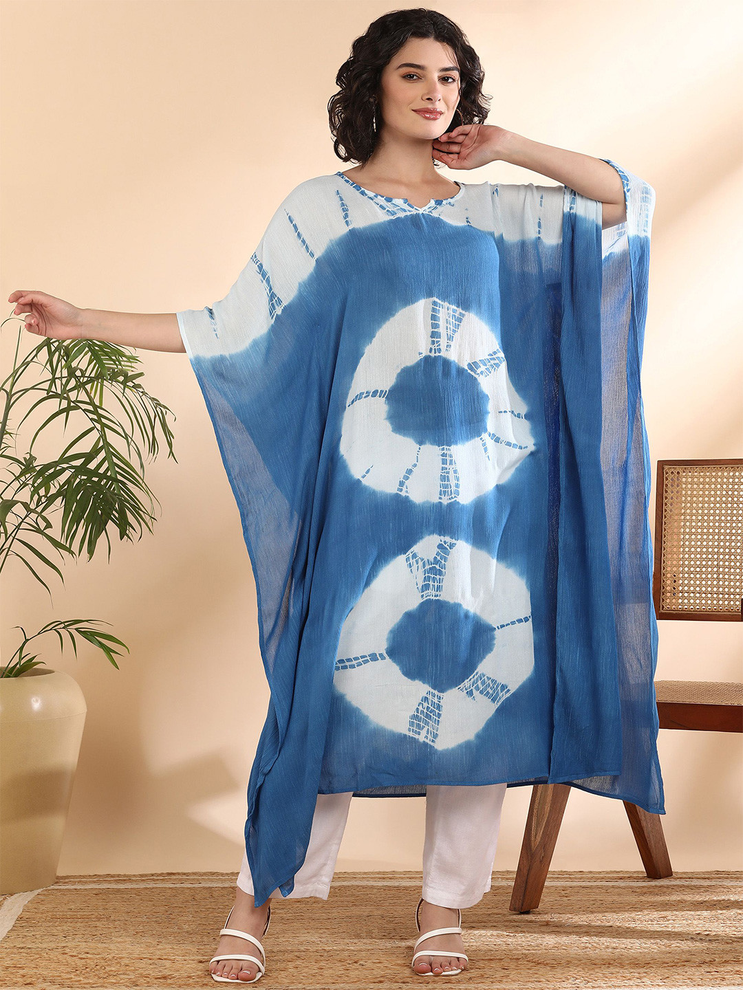PinkTribe Tie & Dyed Notch Neck Flared Sleeves Kaftan Kurta