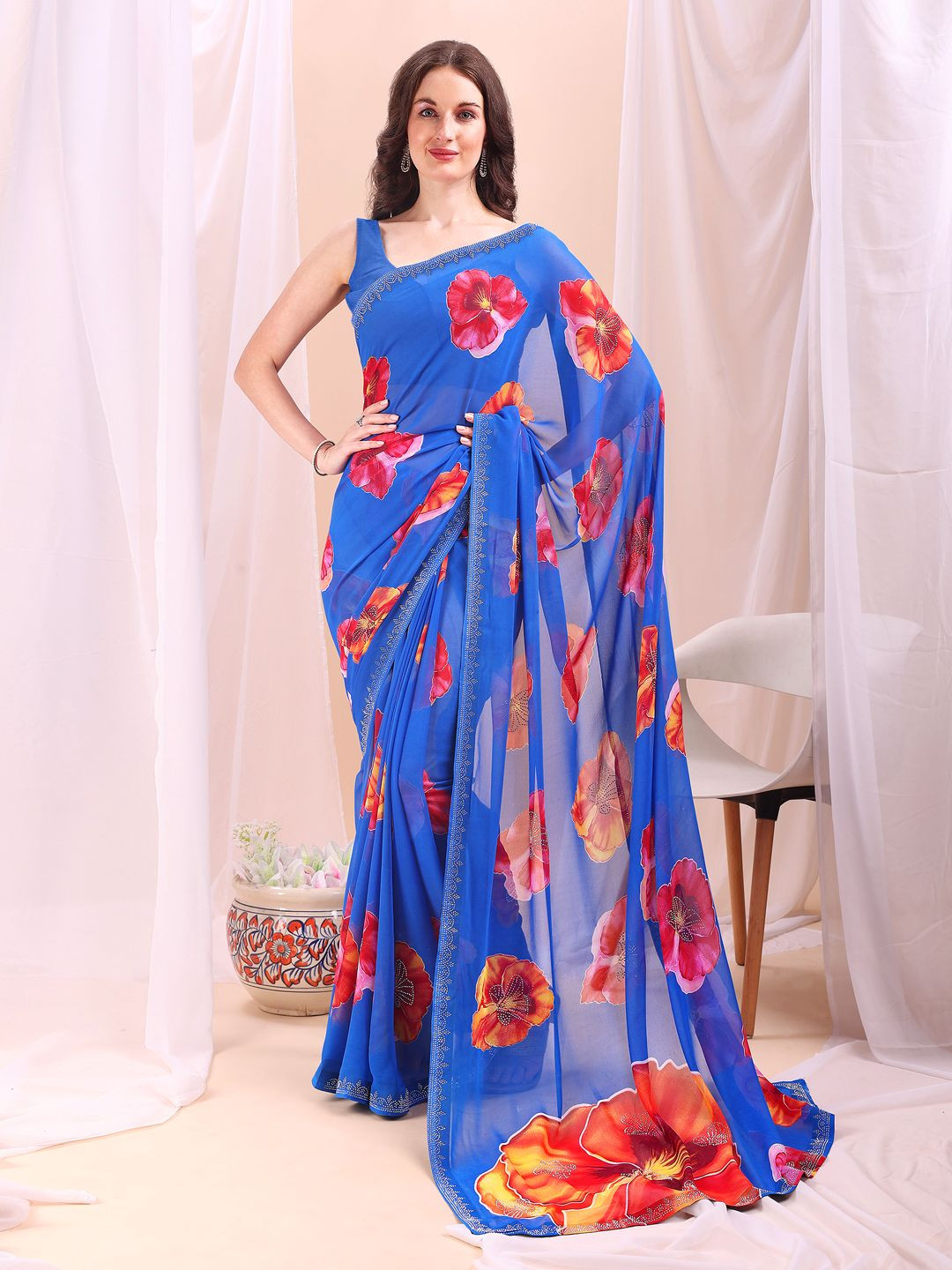 Leelavati Floral Beads and Stones Pure Chiffon Saree