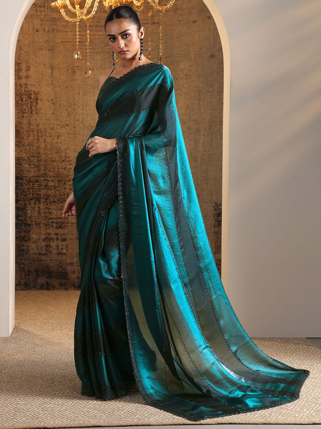 Libas Teal Embellished Jimmy Choo Satin Saree With Unstitched Blouse Piece