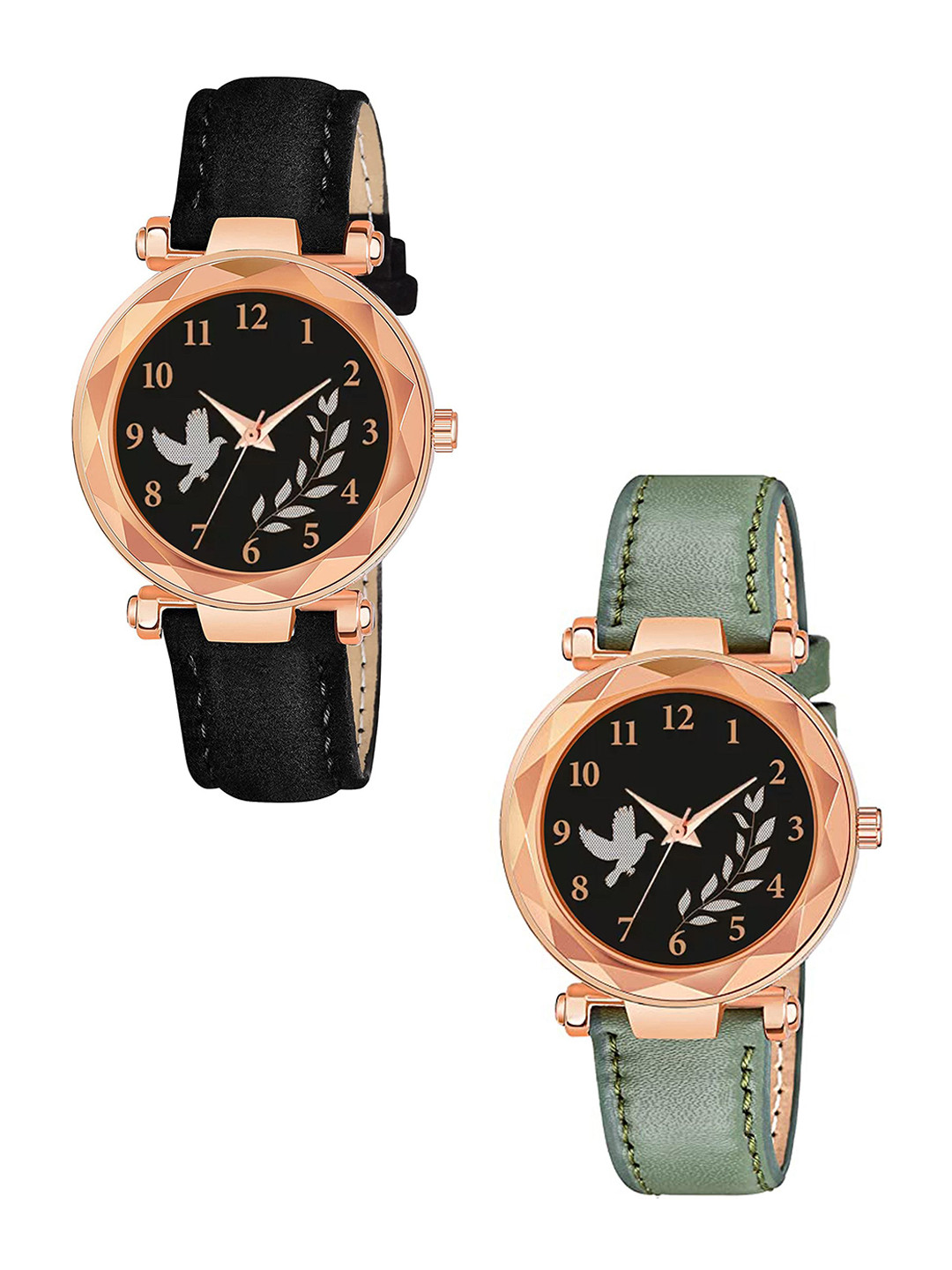 CSAMON Women Pack of 2 Printed Dial & Straps Analogue Watch GR379RG BIRD BLK Vel GRE L