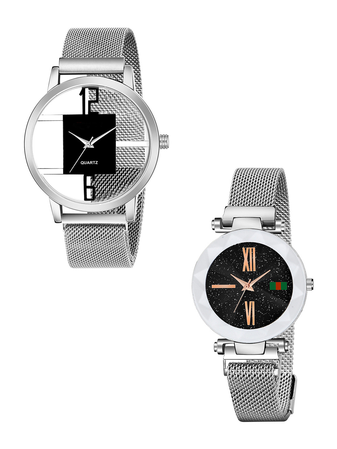 CSAMON Unisex Pack of 2 Textured Round Foldover Regular Analogue Watches-GR_1051