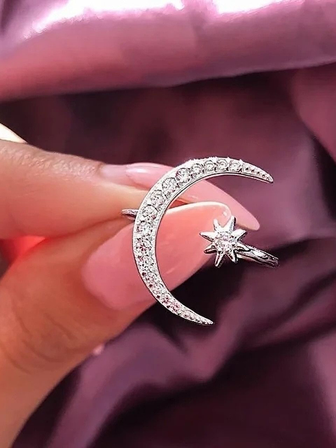 Zoey Unisex Silver-Plated Zircon-Studded Half Moon & Star Shaped Adjustable Finger Ring