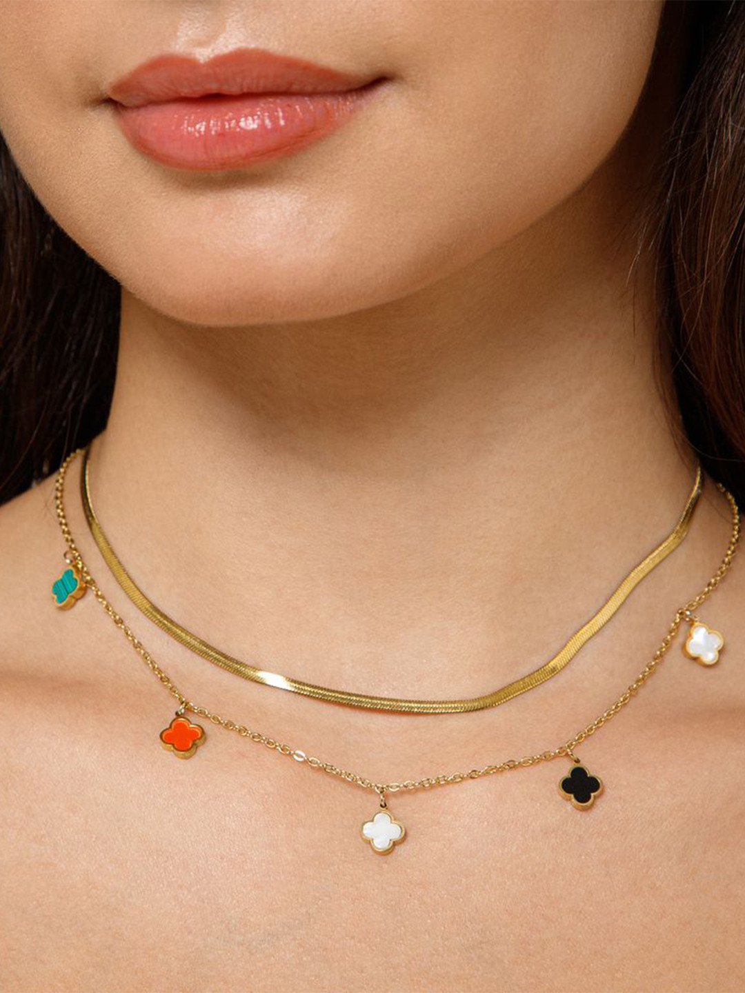 Maasha Stainless Steel Layered Chain Minimal Necklace With Floral Charms