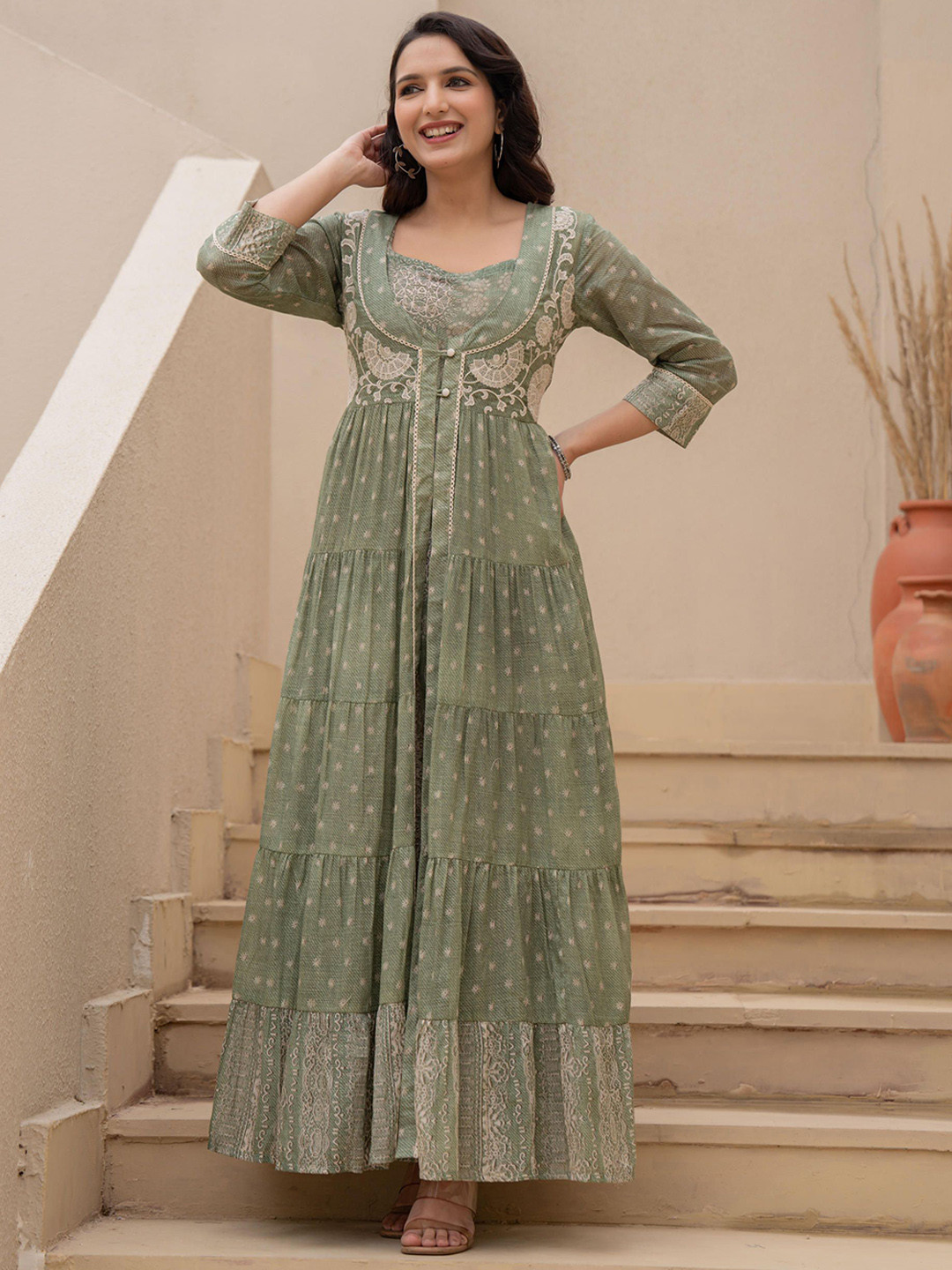 Juniper Embroidered Flared Maxi Dress With Inner Slip & Button-Down Detailing