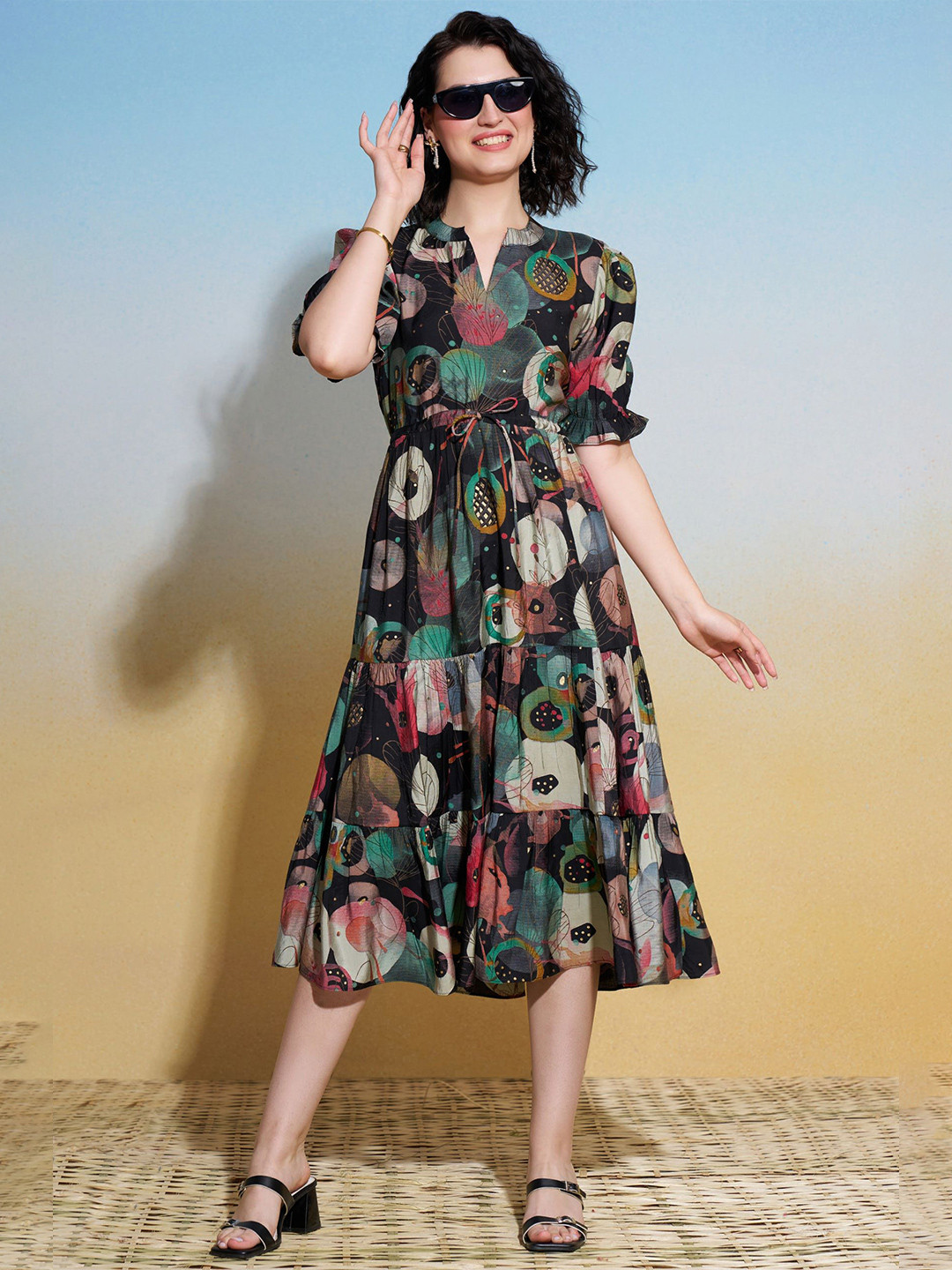 FLOWERVELLY Women Abstract Print Puff Sleeves Fit & Flare Midi Dress