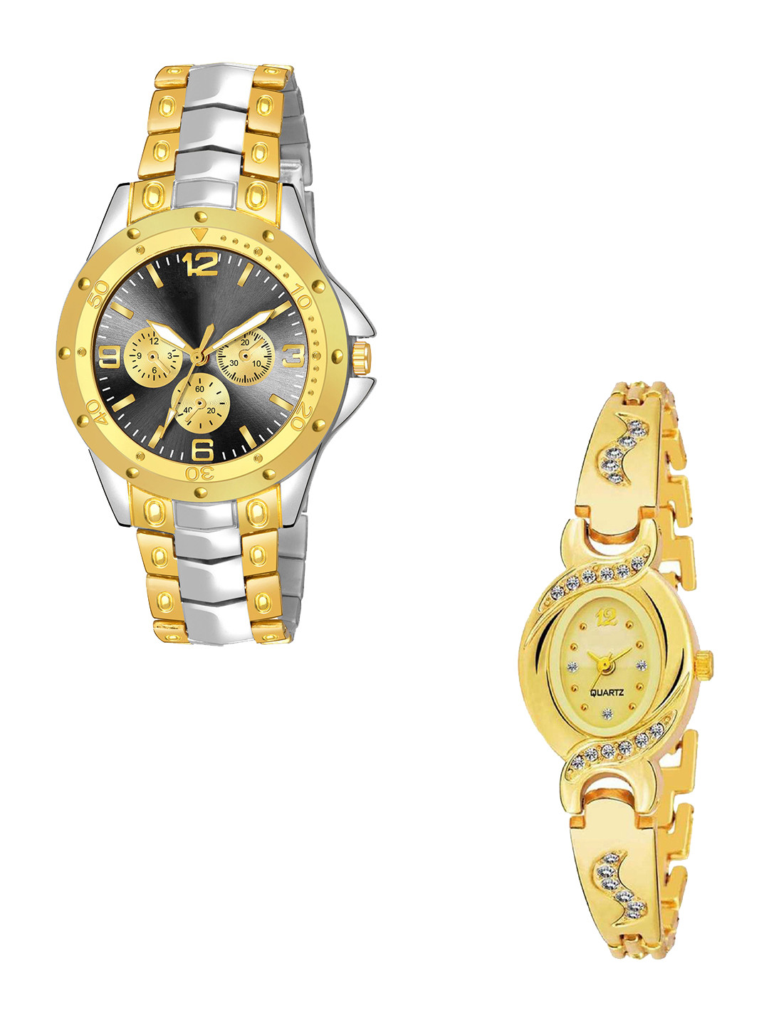 Gopal Shopcart Unisex Pack of 2 Analogue Watch rosra Sliver gold black dial New AKS