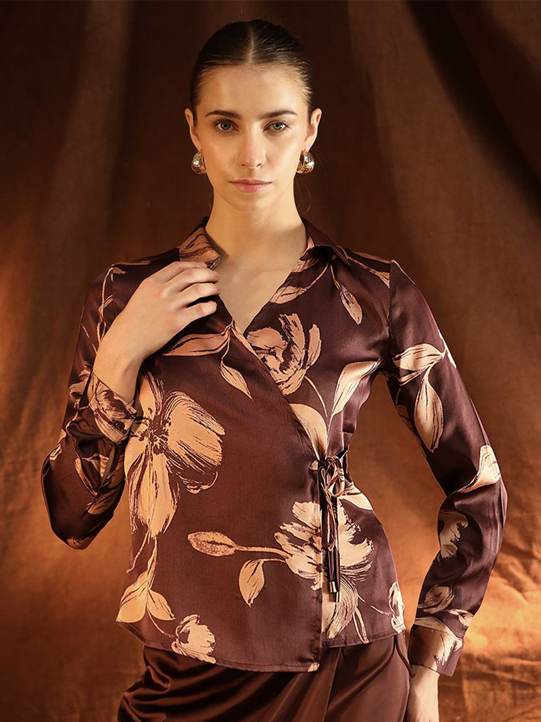 Kazo Milley Blouse Women Floral Print Mandarin Collar Wrap Top