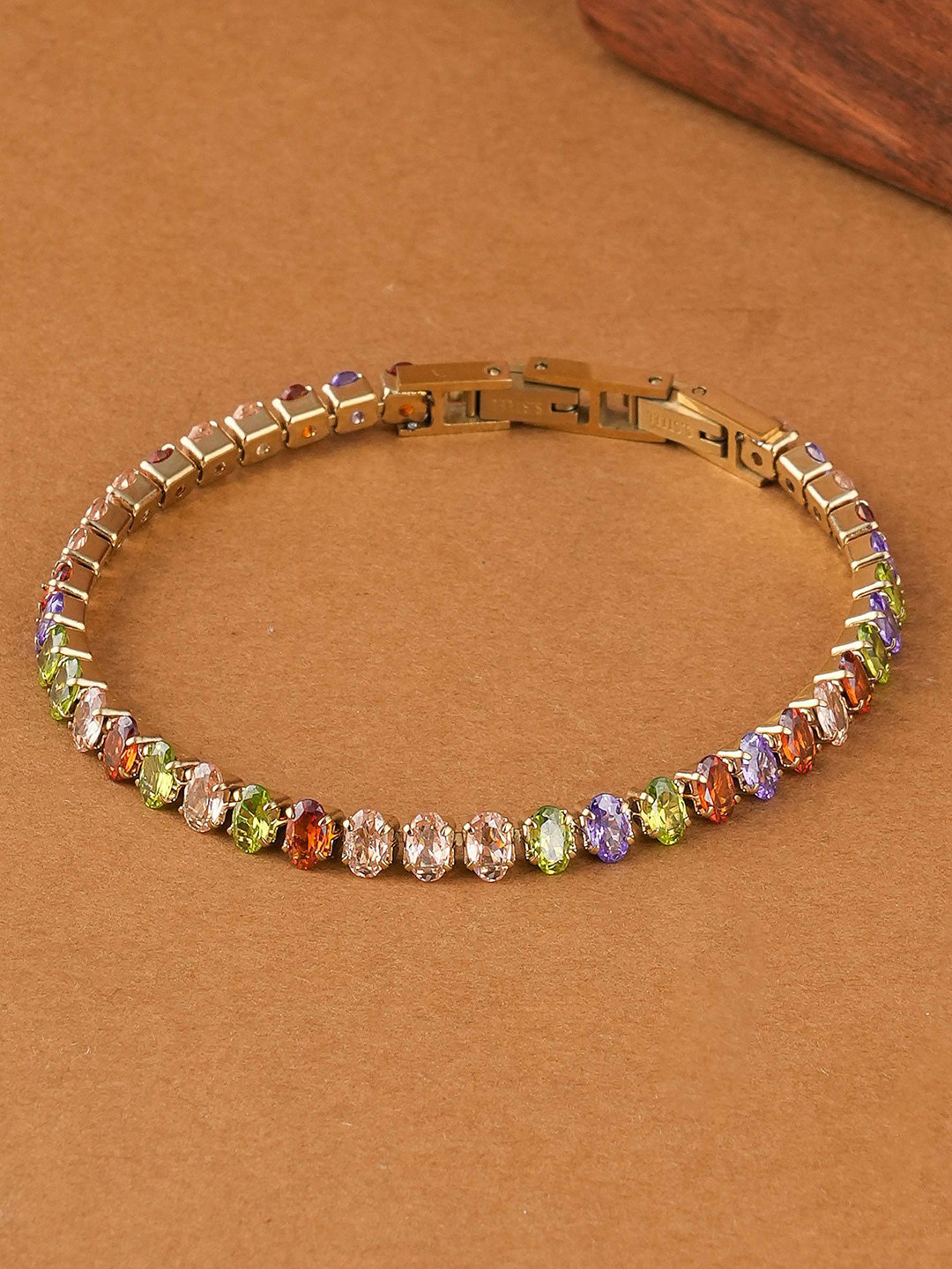 PALMONAS Women Gold-Plated Cubic Zirconia Rainbow Radiance Tennis Waterproof Link Bracelet