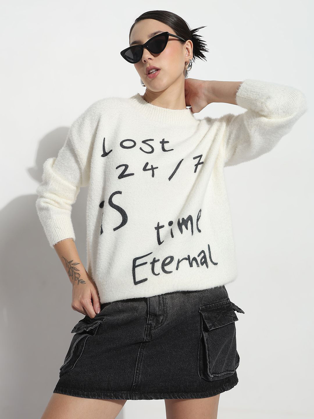 SHOWOFF Women Fur Typography Printed  Fuzzy Top
