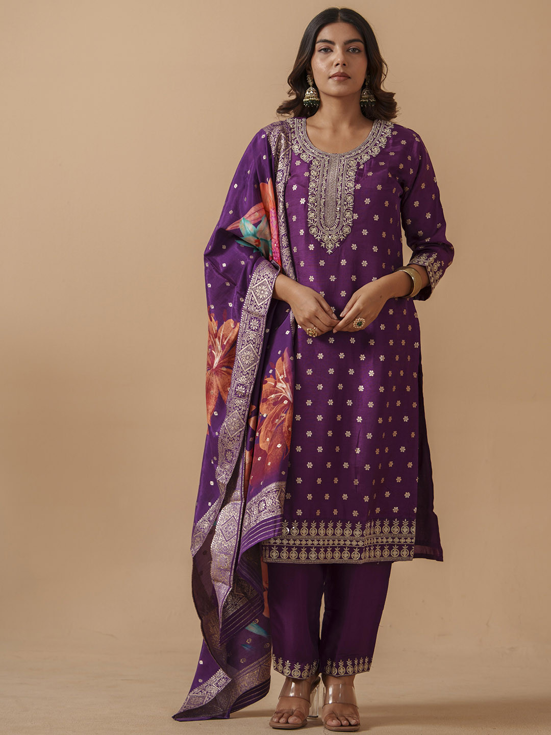 Suha Floral Embroidered Sequinned Shantoon Kurta With Trousers & Dupatta