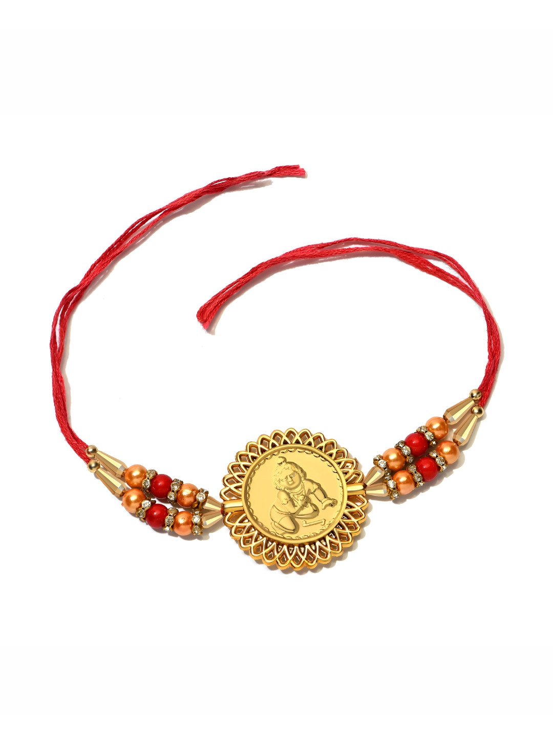 Pray Everyday Gold Plated Yellow & Red Ladoo Gopal Ji Thread Rakhi